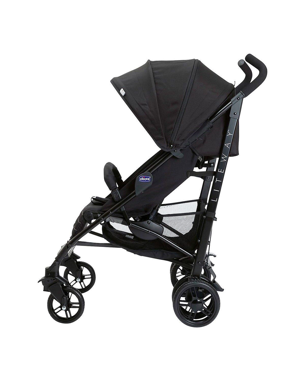 Buggy Sportwagen Lite Way4 schwarz, mit faltbarem Frontbügel 22Kg Traglast, mit neuem großen Verdeck und Textilen Design, inkl. Regenschutz, Einhängekorb