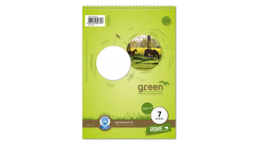 Ursus Green Spiralblock Lineatur 7 A5 40 Blatt 7mm kariert