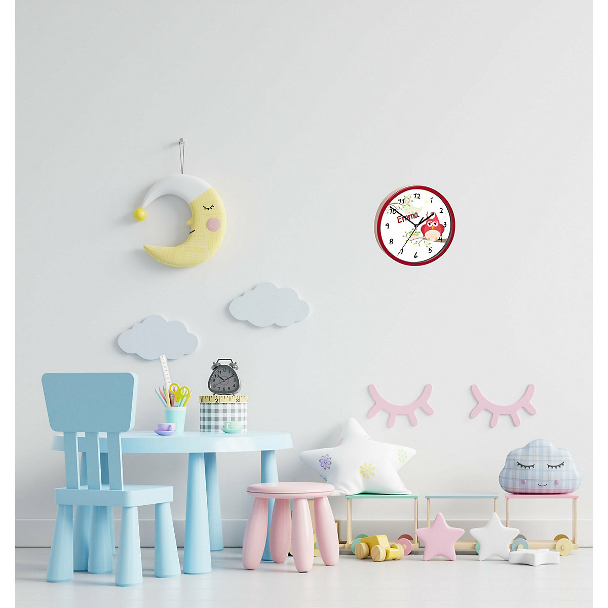 Kinder Wanduhr personalisiert mit Name Eule Mama