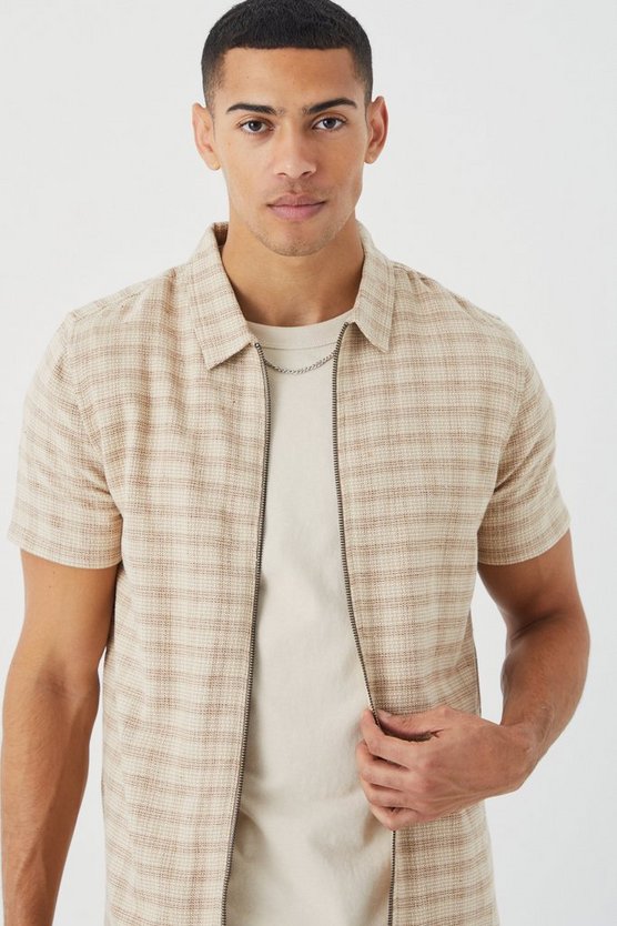 Kurzärmliges kariertes Overshirt mit Reißverschluss