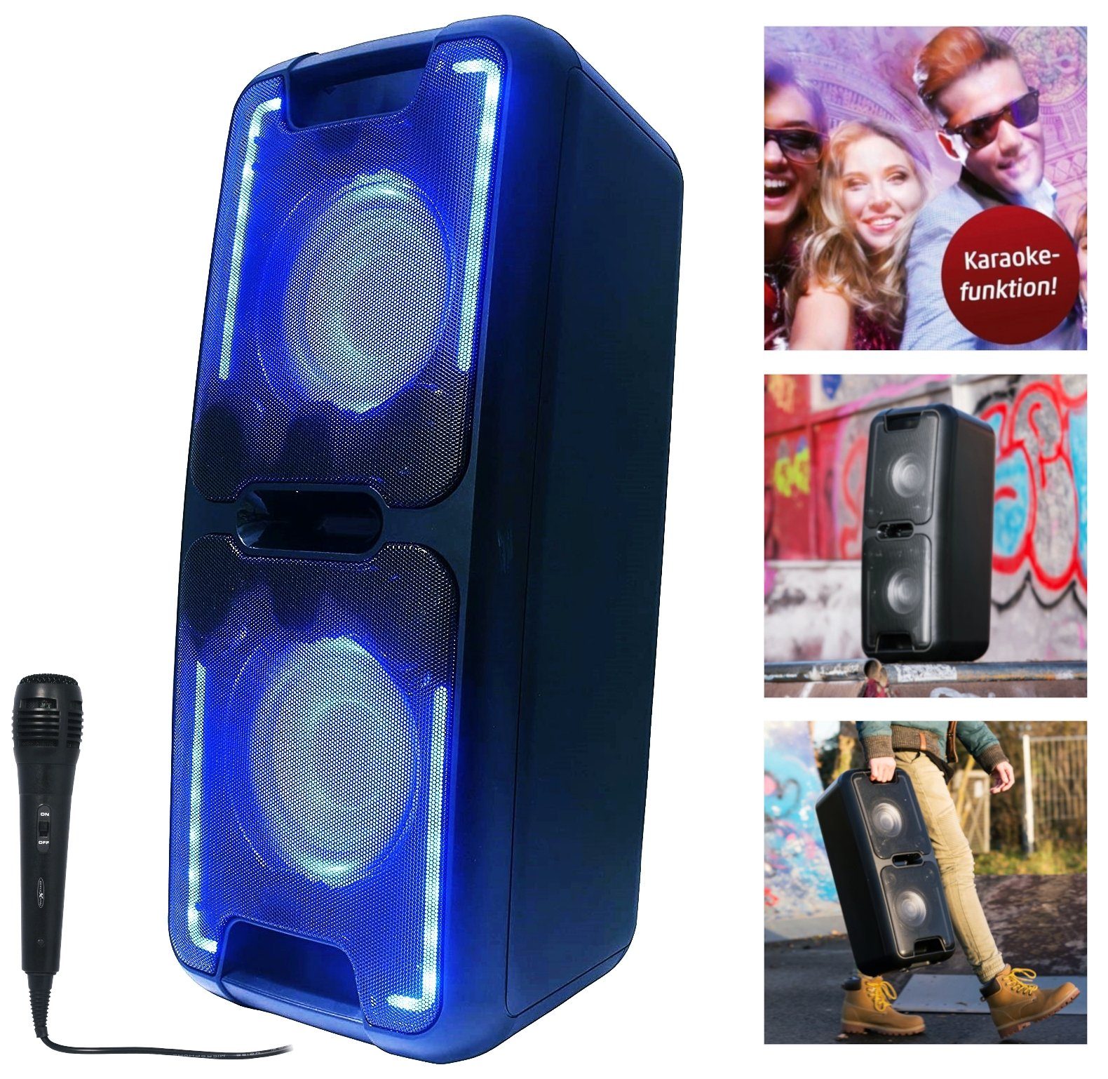 Reflexion PS08BT mobiler Party Lautsprecher Party-Lautsprecher (Bluetooth, 480 W, mit Akku und Lichteffekten (Bluetooth, USB, AUX, Mikrofon, 480 Watt)