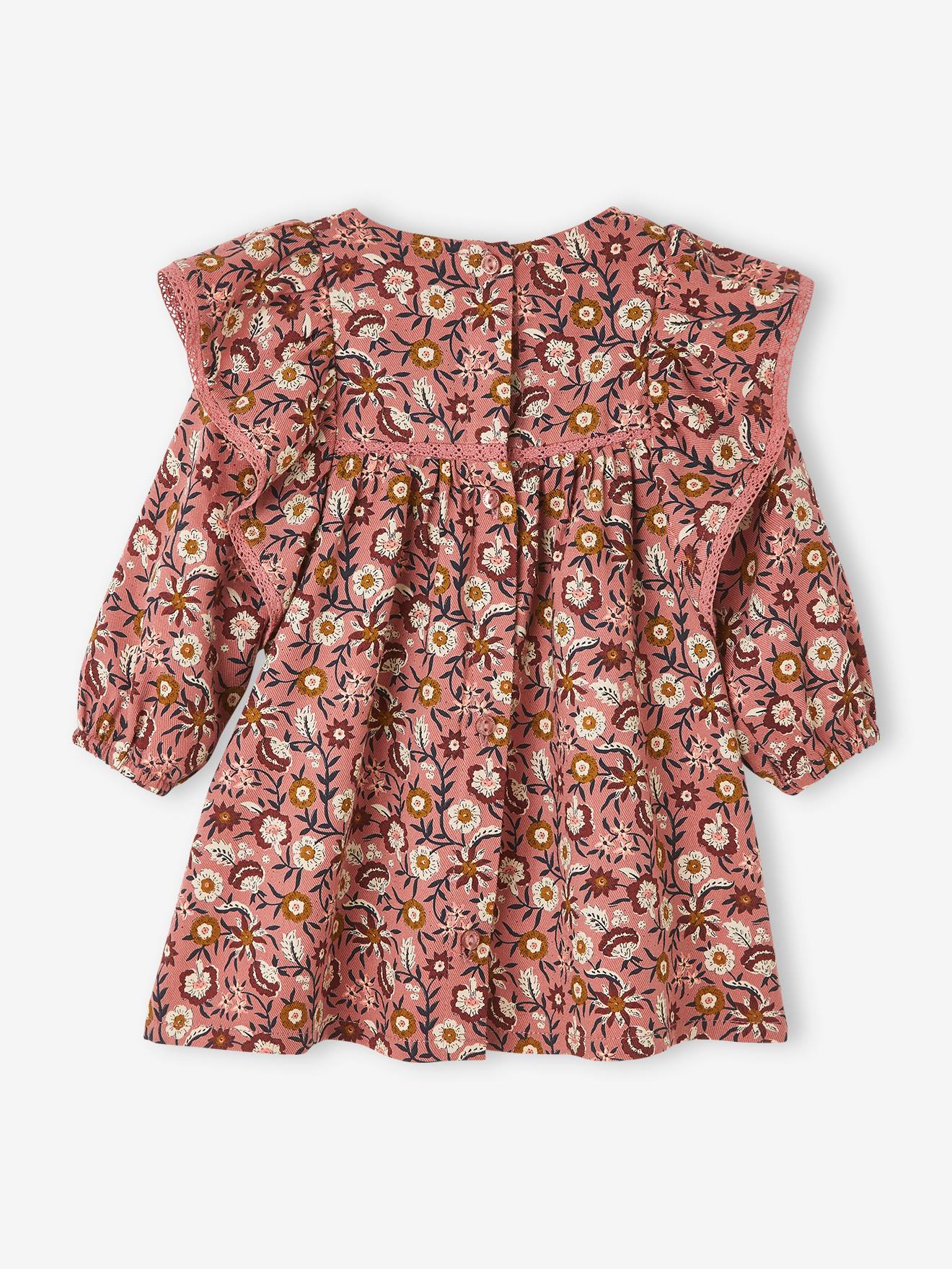 Vertbaudet Gesmoktes Mädchen Baby Kleid, Blumen - altrosa bedruckt
