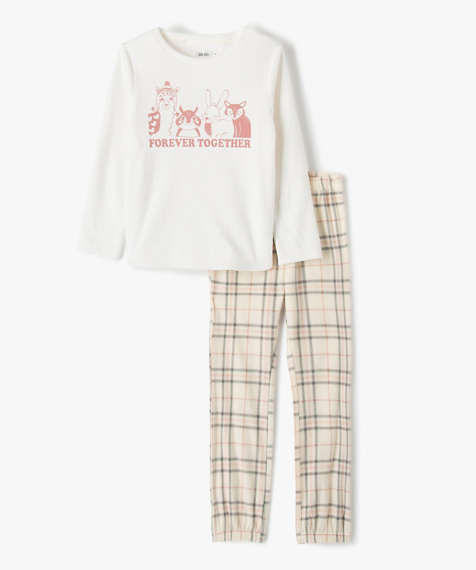 Pyjama fille chaud imprimé animaux et carreaux blanc | GEMO