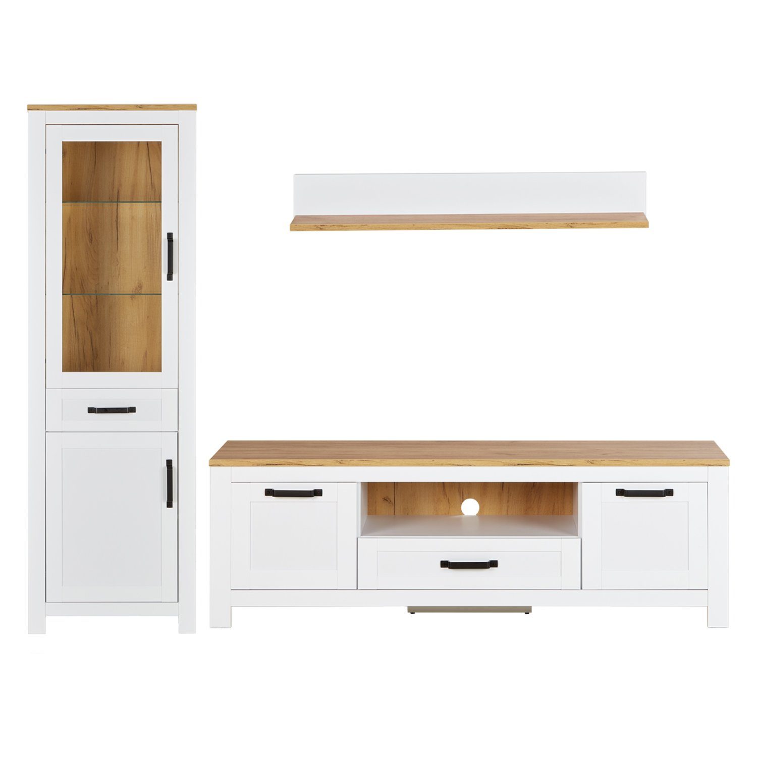 Homestyle4u Wohnwand Anbauwand Schrank Set 3 tlg. Weiß Eiche, (3-St)