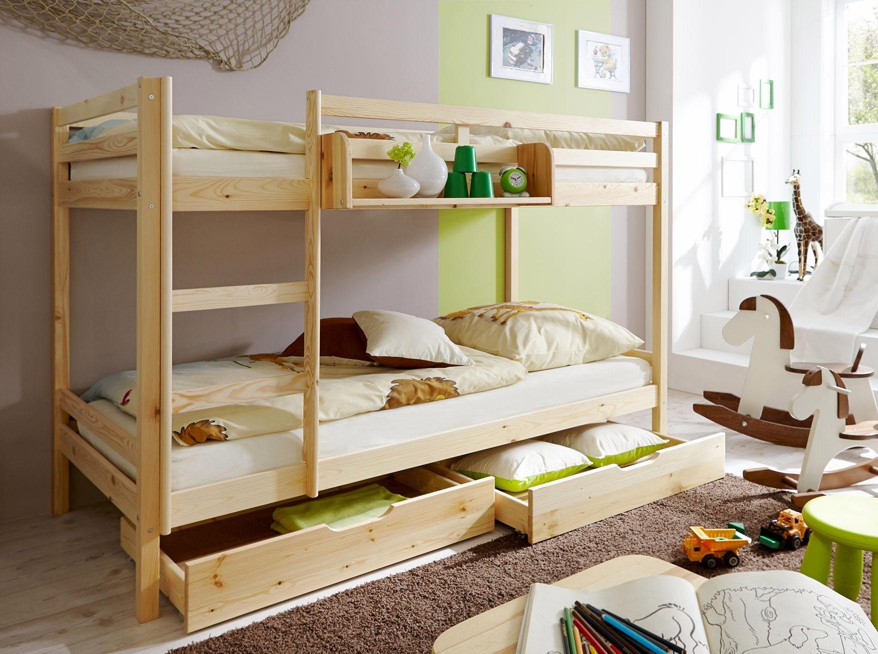 Ticaa Etagenbett René, Hochbett, TOPSELLER! In 2 Farben, 90x200cm, FSC® zertifiziertes Massivholz, mit Trittleiter + Rundum-Absturzschutz
