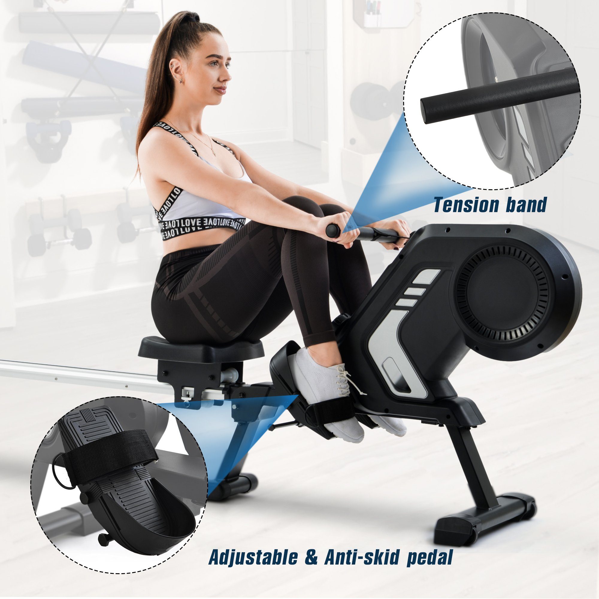 EXTSUD Rudergerät Faltbares Rudergerät mit magnetischem Widerstand, LCD-Display, Anti-Rutsch-Pedal und Transporträder für Home Gym grau
