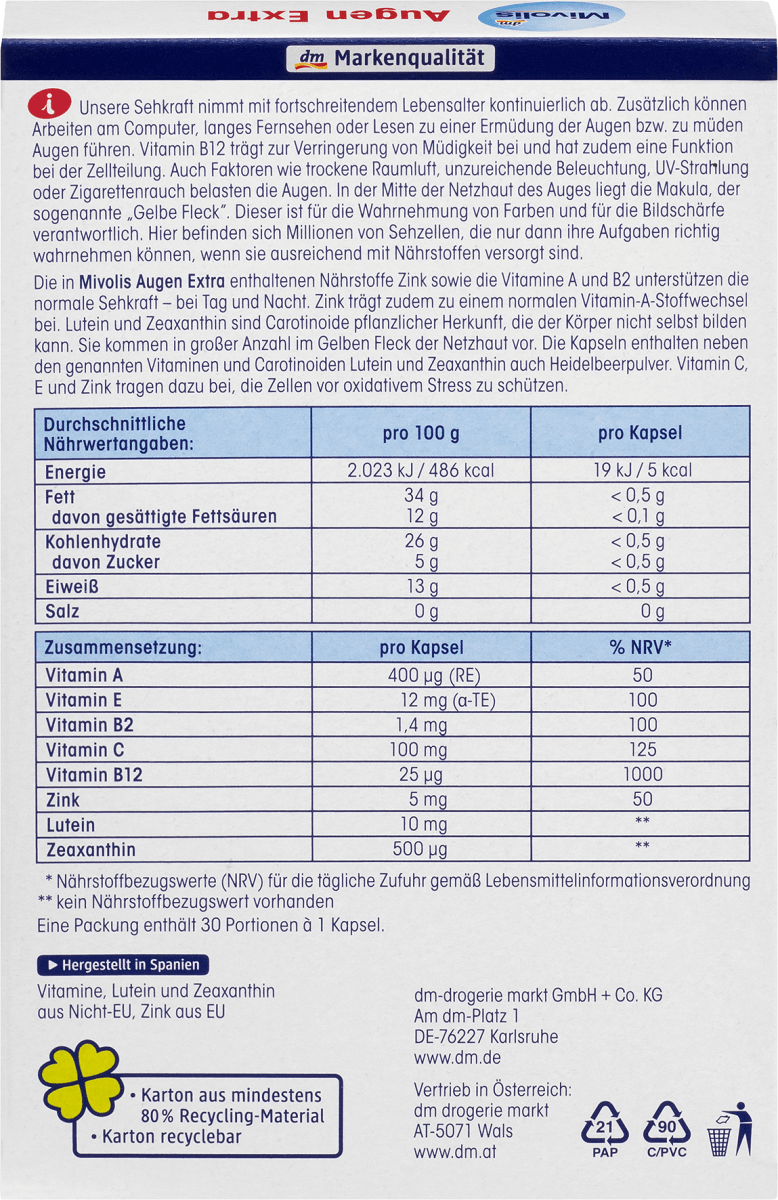 Augen Extra Sehkraft + Schutz, Tag + Nacht, Kapseln, 30 St., 30 St