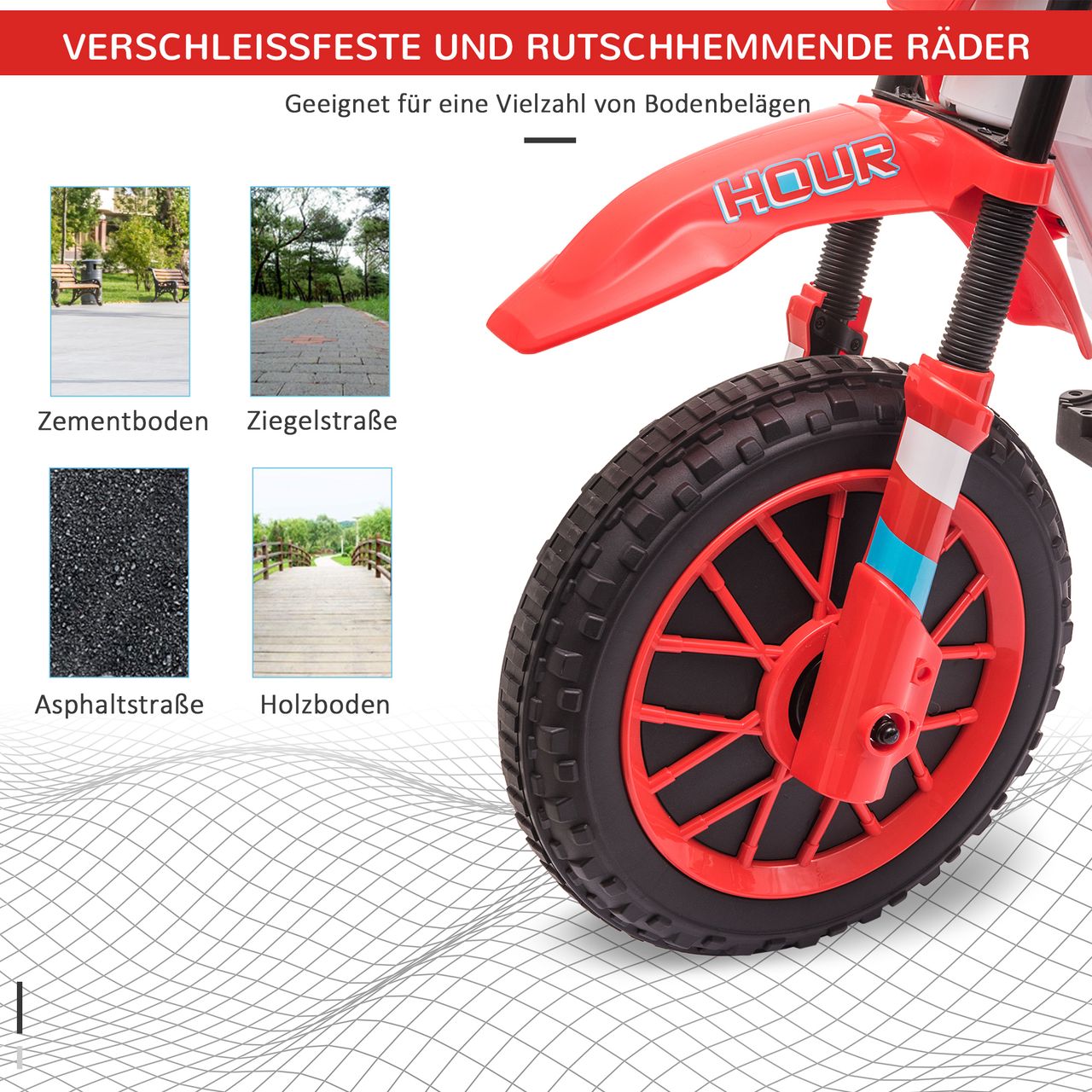 HOMCOM Elektromotorrad Kindermotorrad Kinderfahrzeug Elektrofahrzeug mit 2 abnehmbaren Stützrädern für Kinder ab 3 Jahren PP Metall Rot Weiß 106,5 x 51,5 x 68 cm