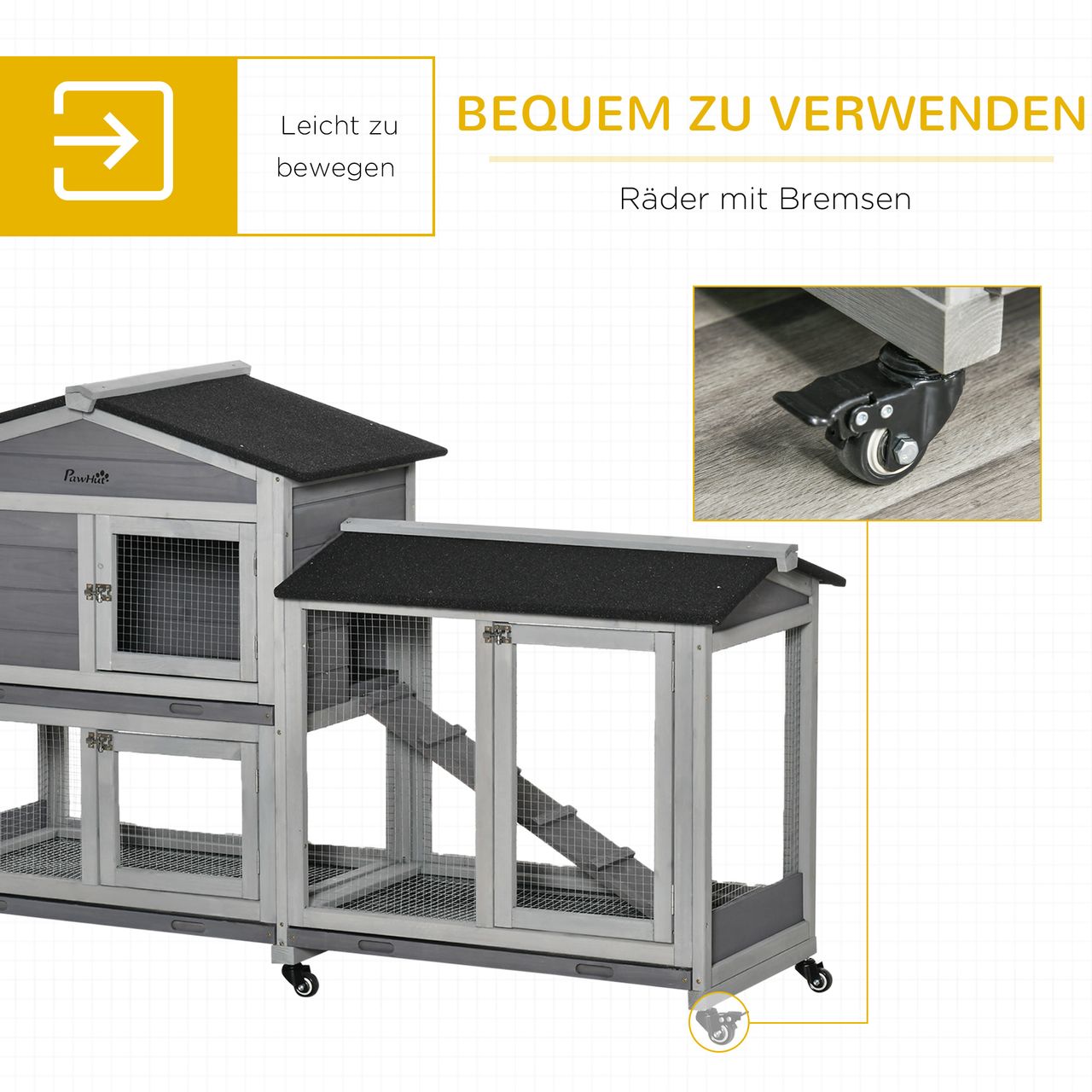 PawHut Zwergkaninchenstall mit Rollen Freilaufgehege Asphaltdach Kleintierhaus Zwergkaninchenauslauf für 3 Zwergkaninchen Doppelstöckiger Tanne Stahl Grau 157,4 x 53 x 99,5 cm