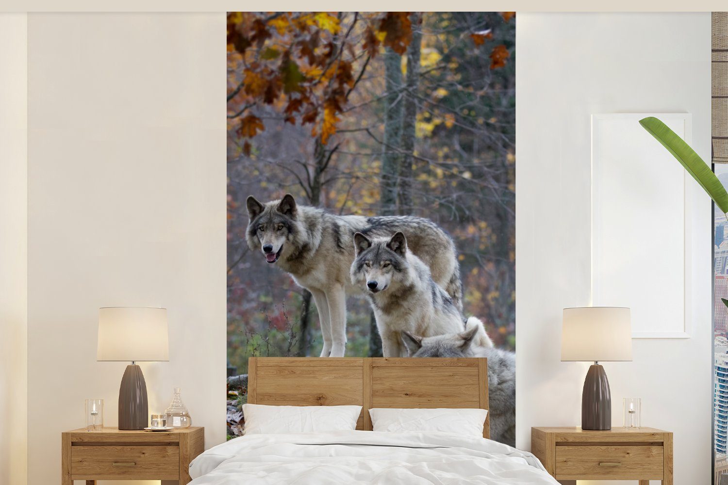 MuchoWow Fototapete Wölfe - Fels - Wald, Matt, bedruckt, (2 St), Vliestapete für Wohnzimmer Schlafzimmer Küche, Fototapete