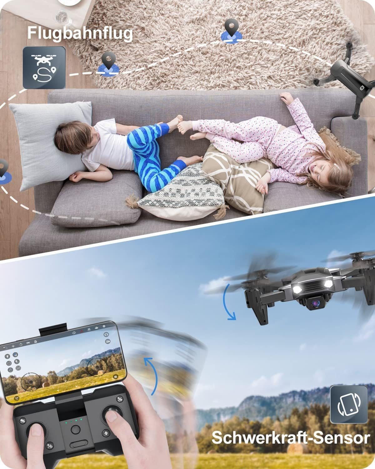 DEERC D40 Faltbare Drohne mit Kamera für Kinder Drohne (1080P, mit 2 Batterien lange Flugzeit,FPV Live,App Steuerung für Anfänger)