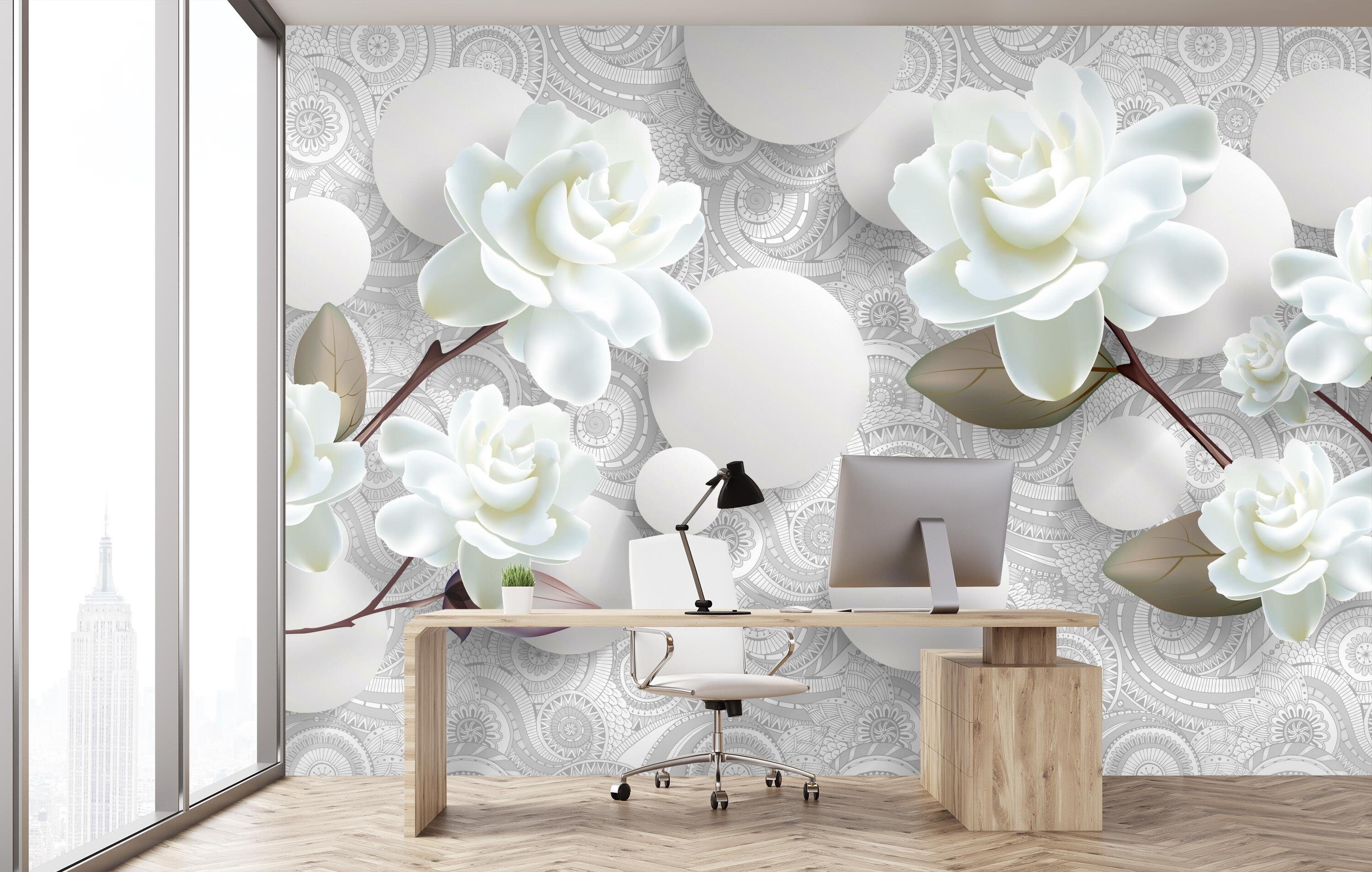 wandmotiv24 Fototapete Blumen 3D Optik Kreise weiß, glatt, Wandtapete, Motivtapete, matt, Vliestapete
