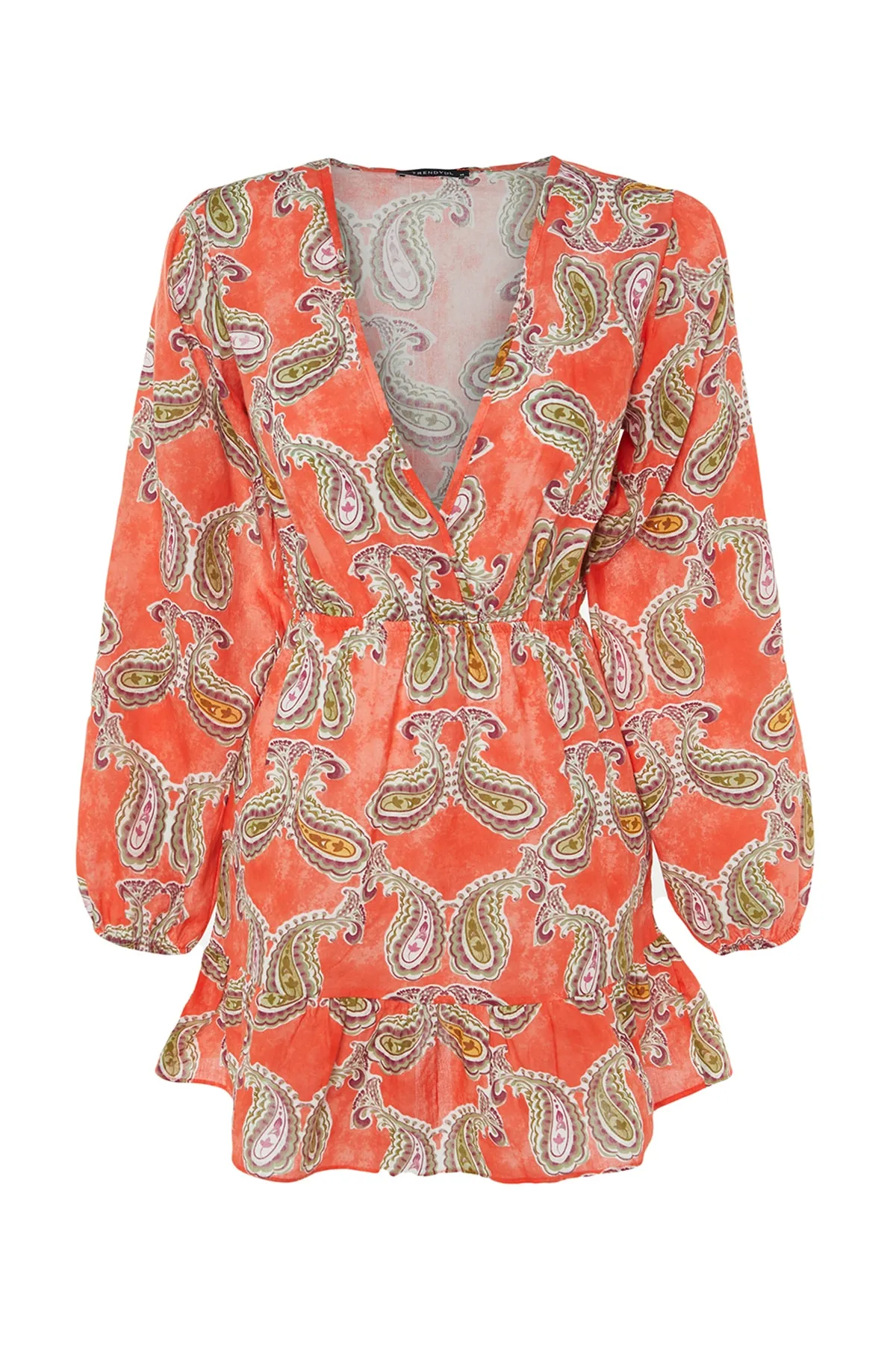 Trendyol Collection  Gewebtes, gerüschtes Mini-Strandkleid aus 100 % Baumwolle mit Paisley-Muster TBESS23EL00028