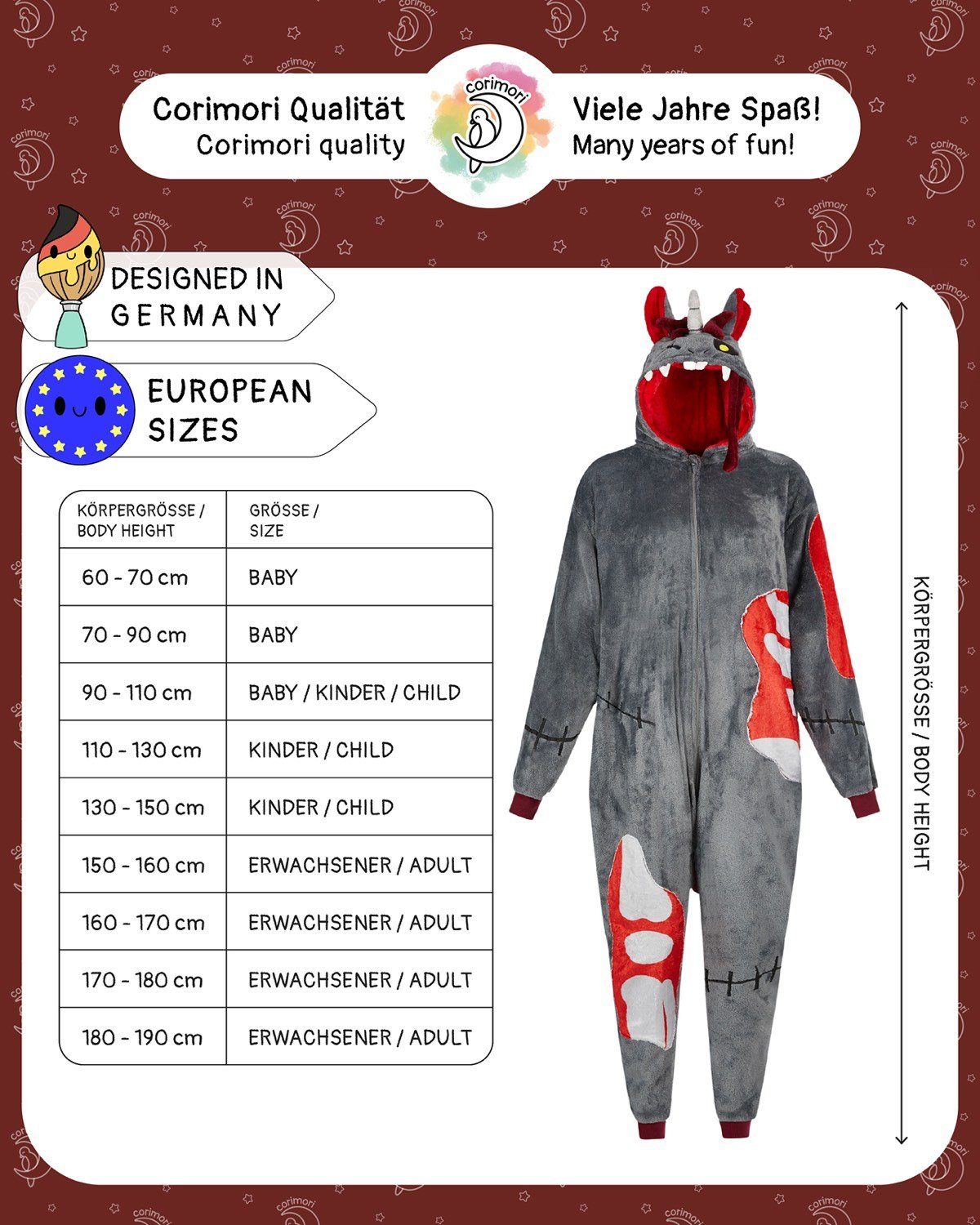 Corimori Jumpsuit Flauschiges Zombie Einhorn Kostüm für Kinder (2-tlg) mit Haarreif, Onesie, Mädchen, Jungen, Karneval, Fasching, Halloween