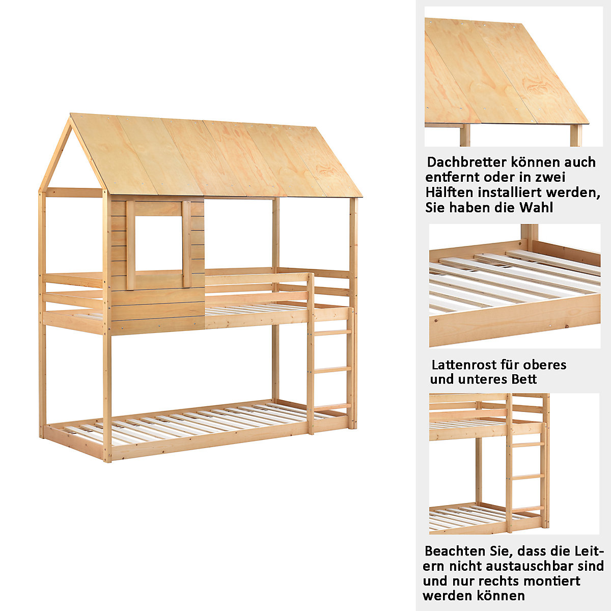 Etagenbett Kinderbett, Holz, Etagenbett 90 X 200 cm, Kinder hausbett, mit Dach, Leiter und Lattenrost
