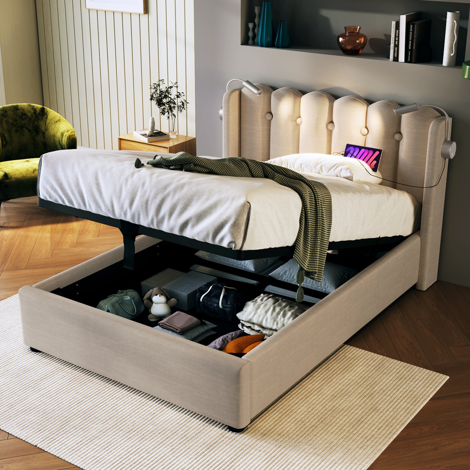 REDOM Polsterbett Leselicht mit Ladefunktion Kopfteil Stauraum Bettgestell (Jugendbett), 90 x 200 cm, ohne-Matratze