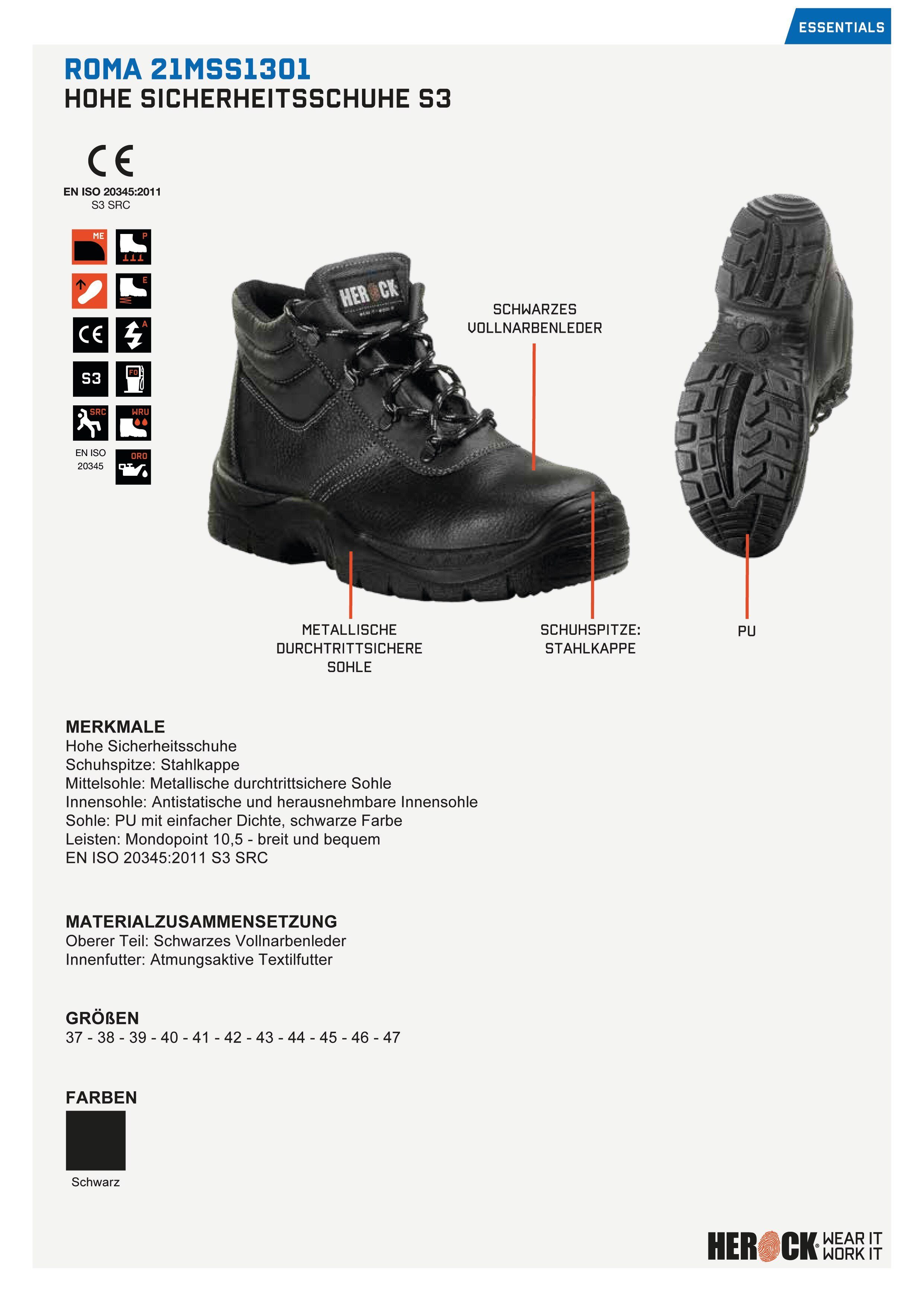 Herock Roma High Steel S3 Schuhe Sicherheitsschuh echtes Leder, durchtrittschutz, rutschhemmend, weit