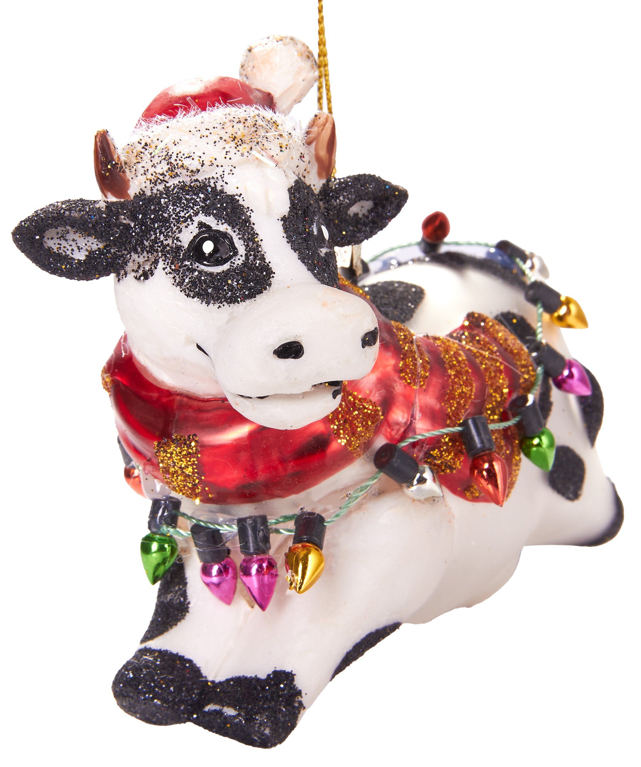 BRUBAKER Christbaumschmuck Kunstvolle Weihnachtskugel Kuh mit Lichterketten, mundgeblasene Weihnachtsdekoration aus Glas, handbemalt - 11 cm