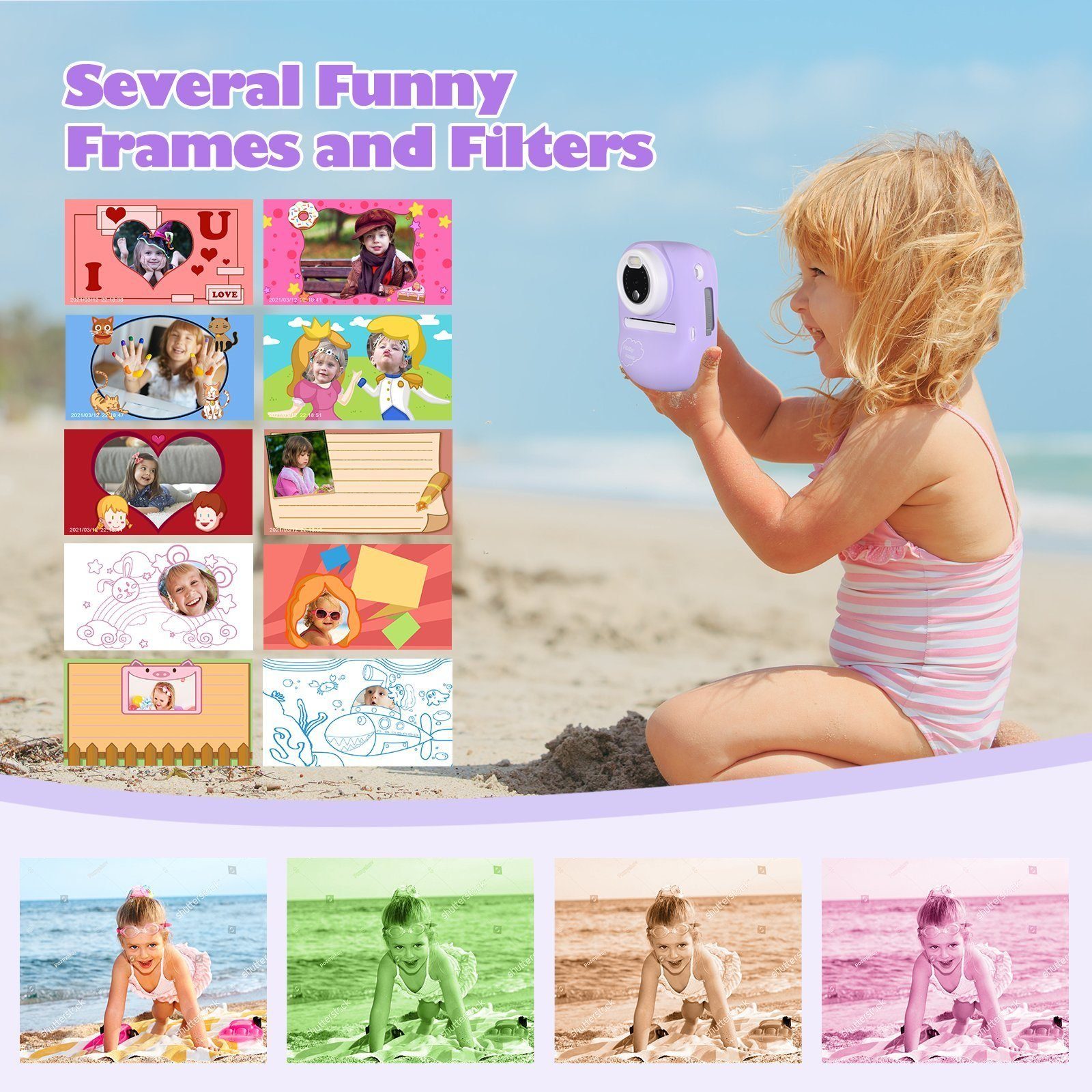 DOTMALL CD-P01B Kinderkamera (30 MP, 16x opt. Zoom, WLAN (Wi-Fi) Kinderkamera (inkl. 6 farbigen Pinselstiften + 2 Rollen Druckpapier + Aufkleber, Videoaufnahmen mit Ton in Full HD, 30 MP, 16x opt. Zoom, WLAN (Wi-Fi), Zusätzliche 32 GB SD-Speicherkart