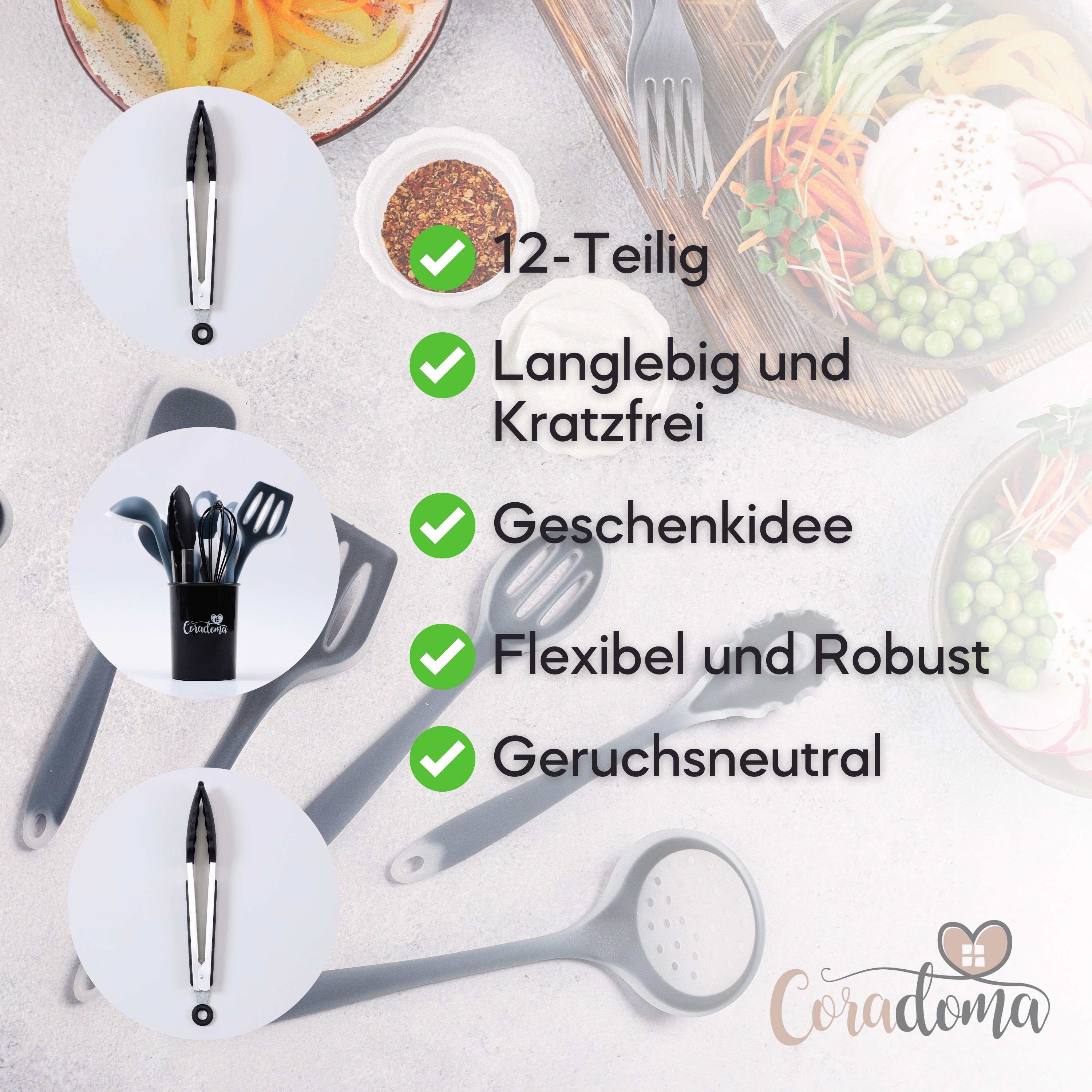 Coradoma Kochbesteck-Set Küchenutensilien 12er Set aus Silikon Geschirrset Küchenhelfer (12-tlg)