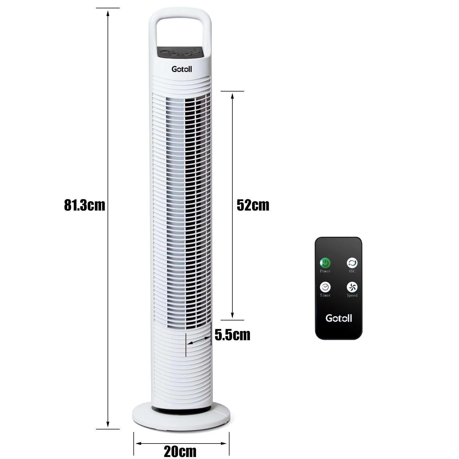 Gotoll Turmventilator GL302R, 81.3cm Säulenventilator mit Fernbedienung 70° Towerventilator Leise