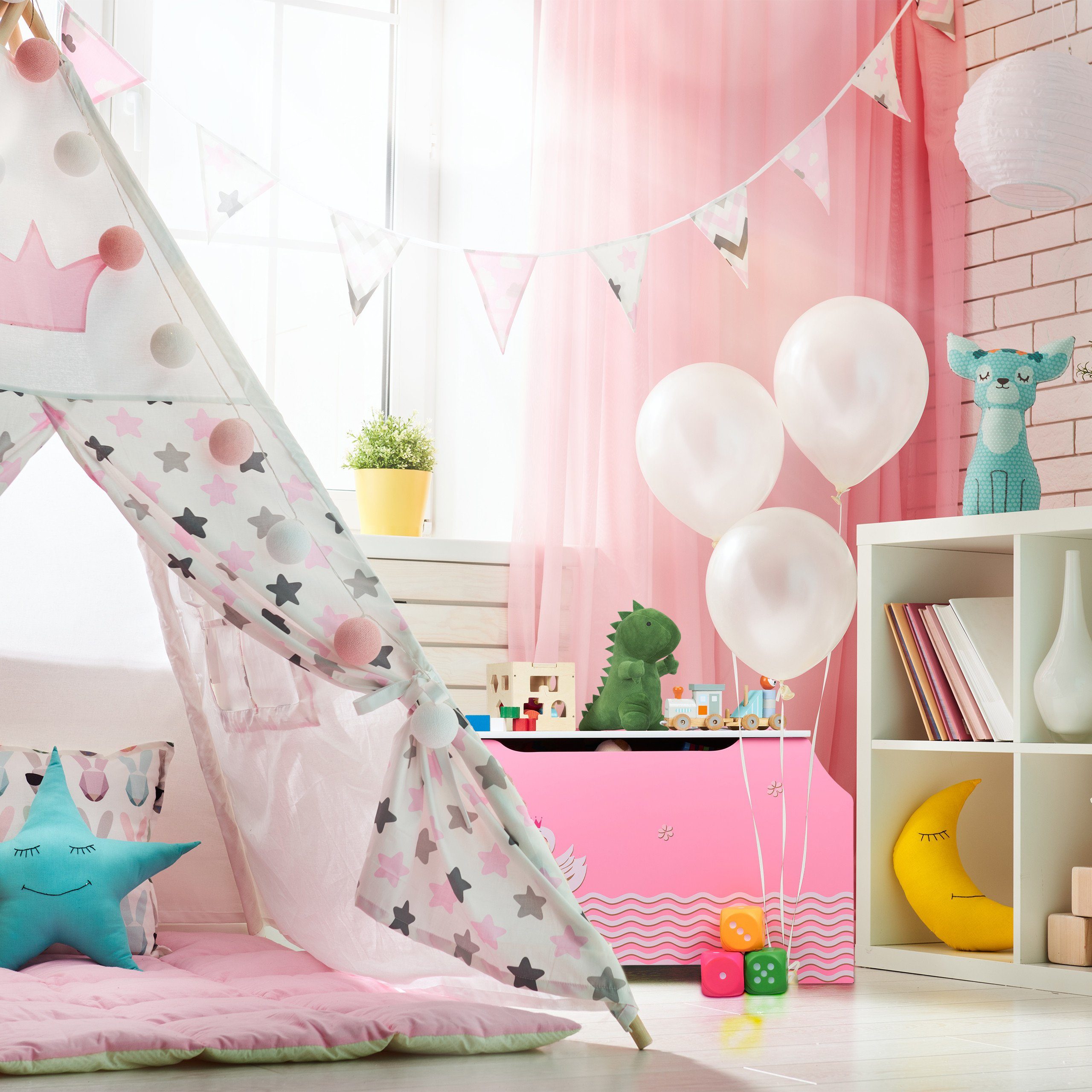 relaxdays Spielzeugtruhe Spielzeugtruhe mit Bücherfächern