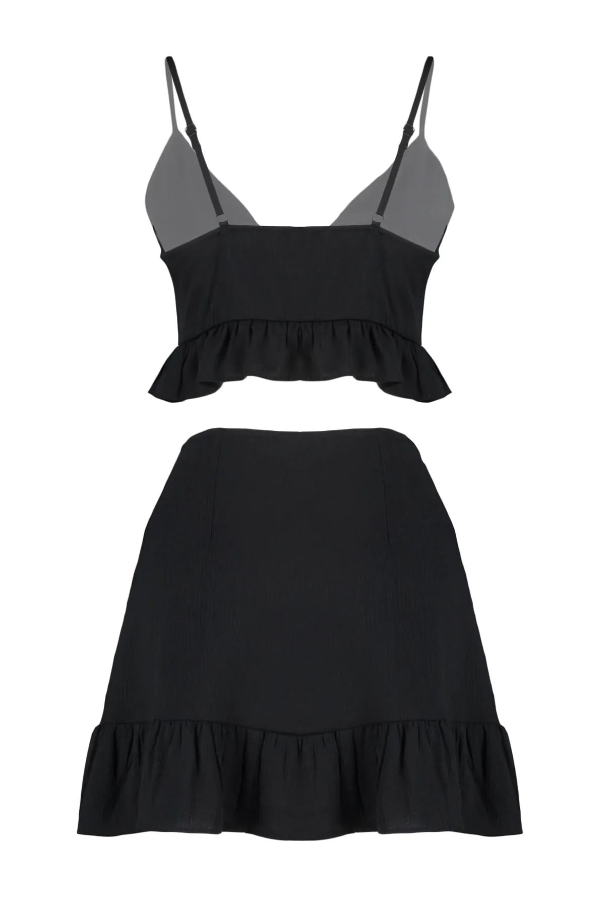 Trendyol Collection  Schwarzes gewebtes Rüschenblusenrock-Set TBESS22AU0386