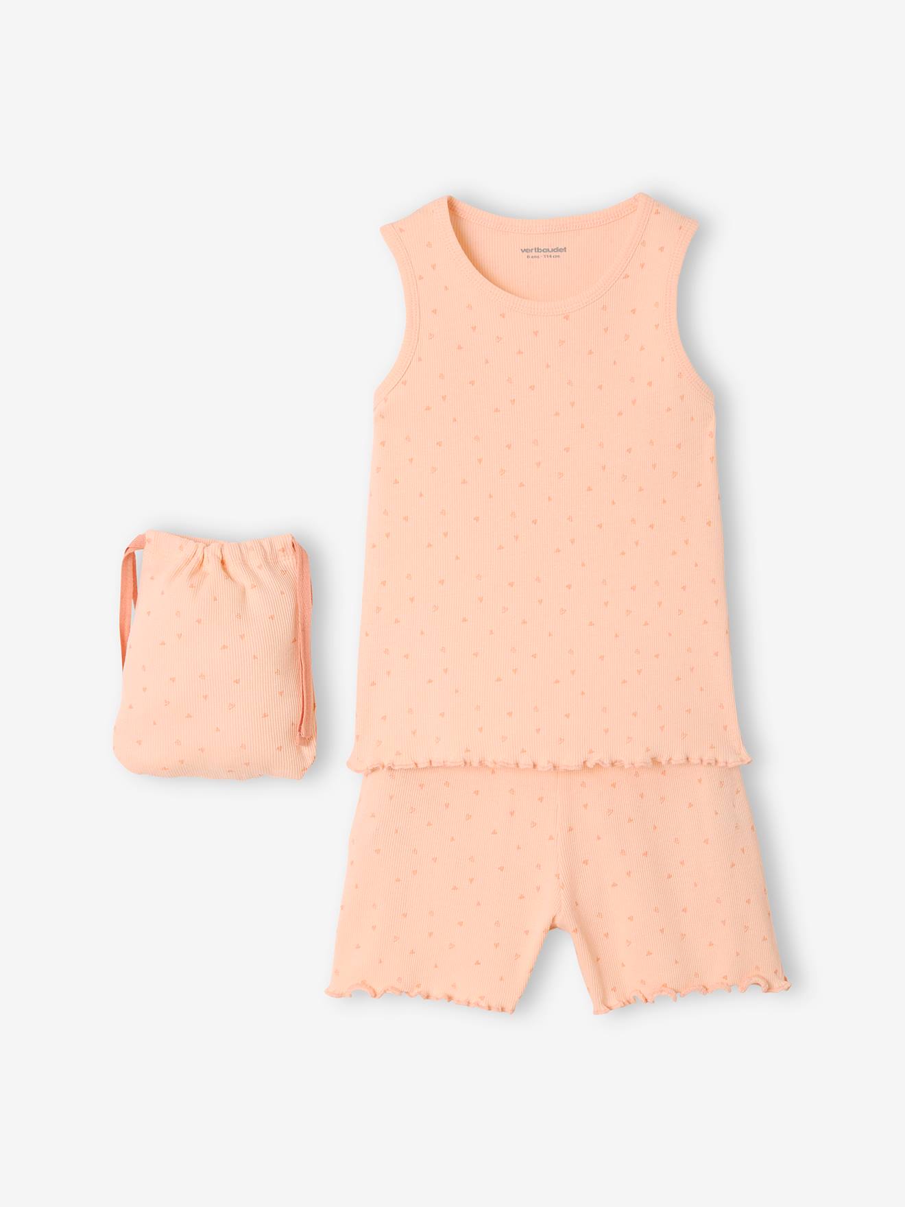 Pyjashort fille + pochon en maille côtelée rose aop