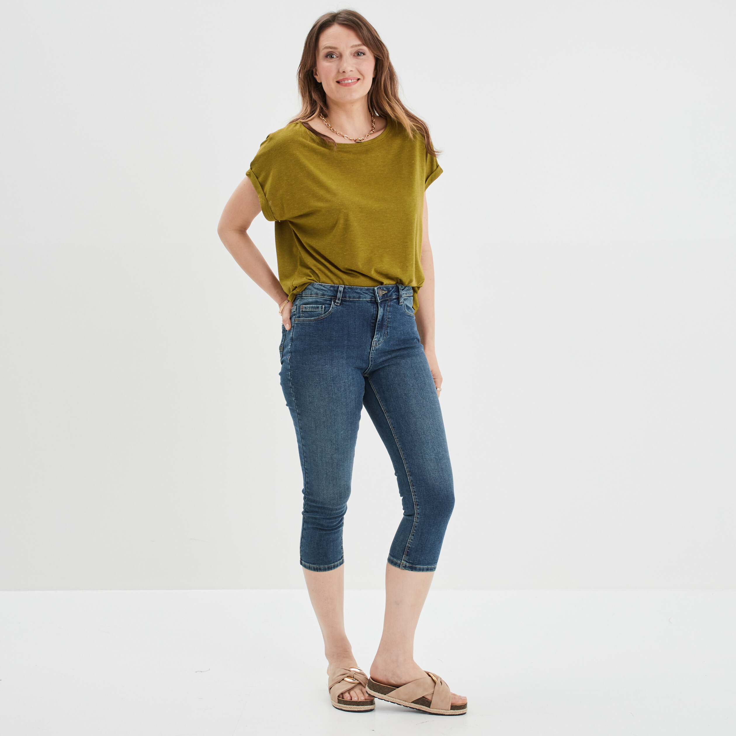 T-shirt manches courtes fils métallisés vert olive femme | La Halle