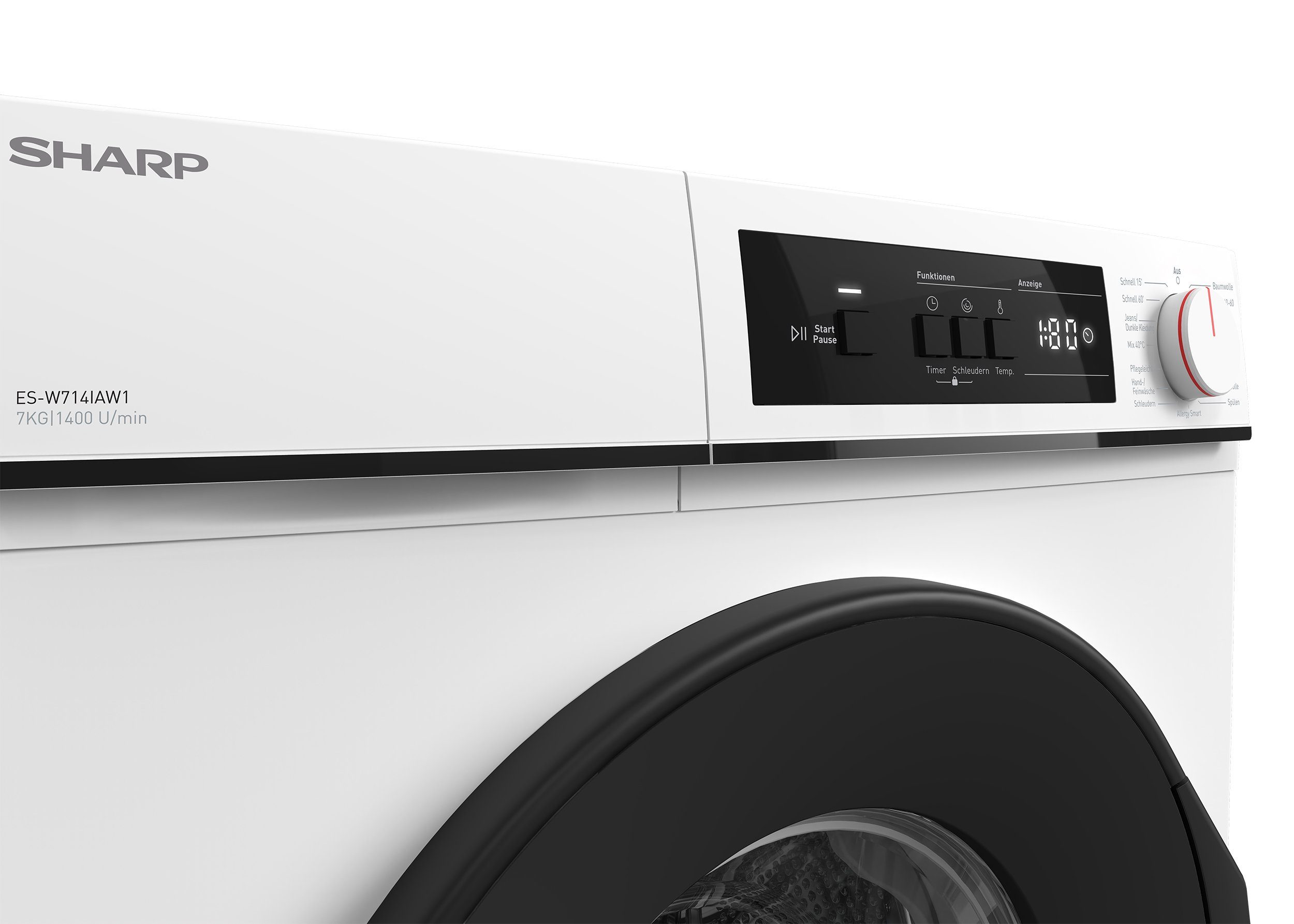 Sharp Waschmaschine ES-W714IAW1-DE, 7 kg, 1400 U/min, Inverter Motor, AquaStop, Überlaufschutz, LED-Diplay, 15 Programme