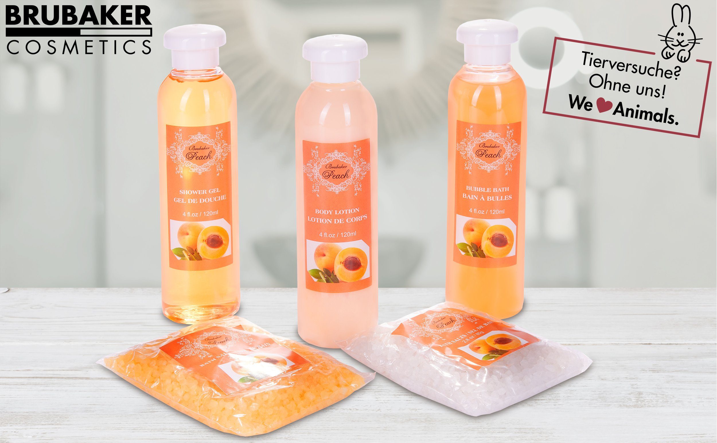 BRUBAKER Pflege-Geschenkset 2 in 1 Pflegeset Pfirsich & Aloe Vera - Wellness Set, 15-tlg., Damen Dusch- und Badeset - Frauen Beauty Geschenkset mit Dekoration