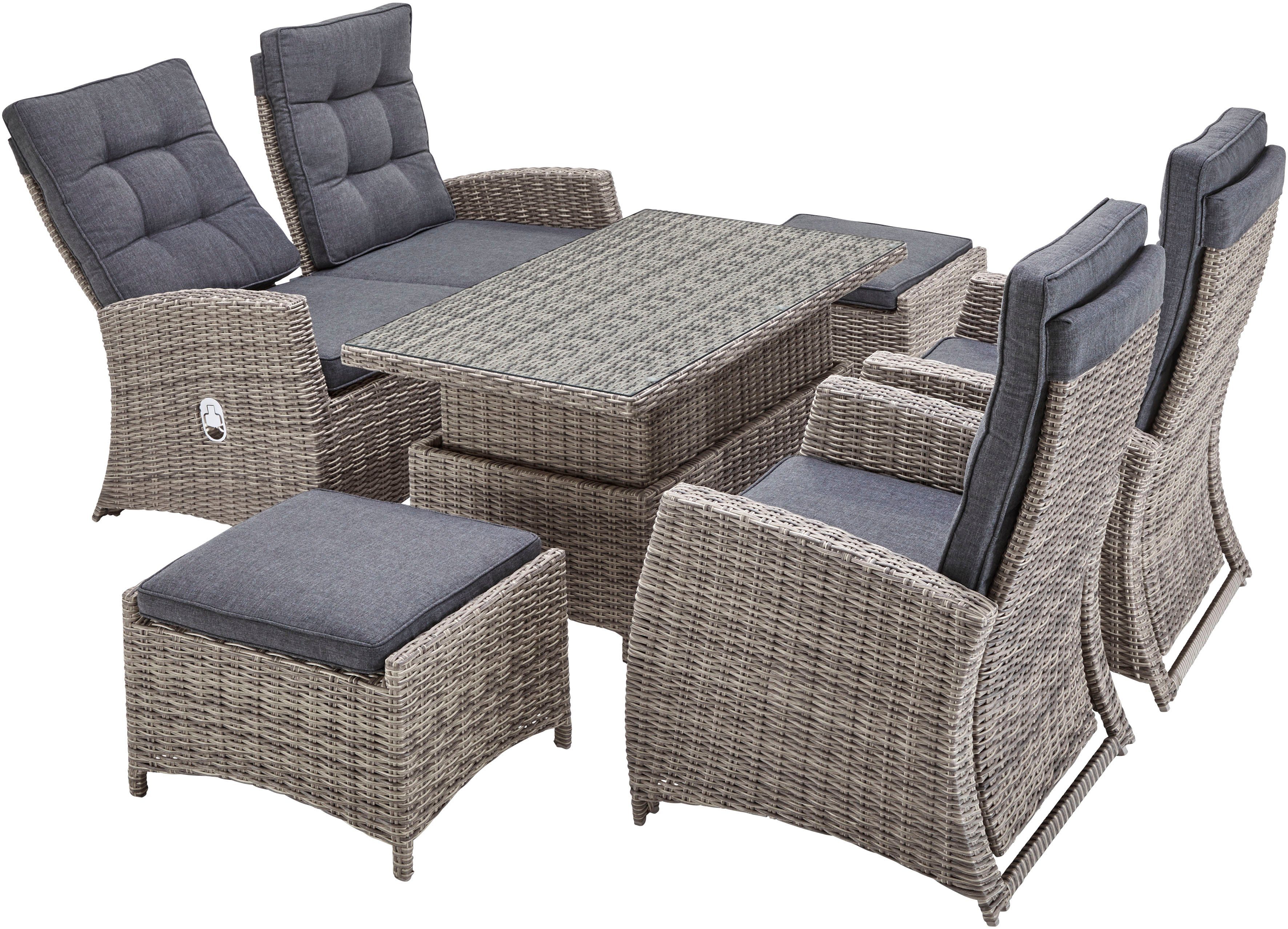 KONIFERA Gartenlounge-Set Monaco, (Set, 16-tlg., inkl. Auflagen, Alu, Polyrattan), höhenverstellbarer Tisch 43,5 - 66,5 cm