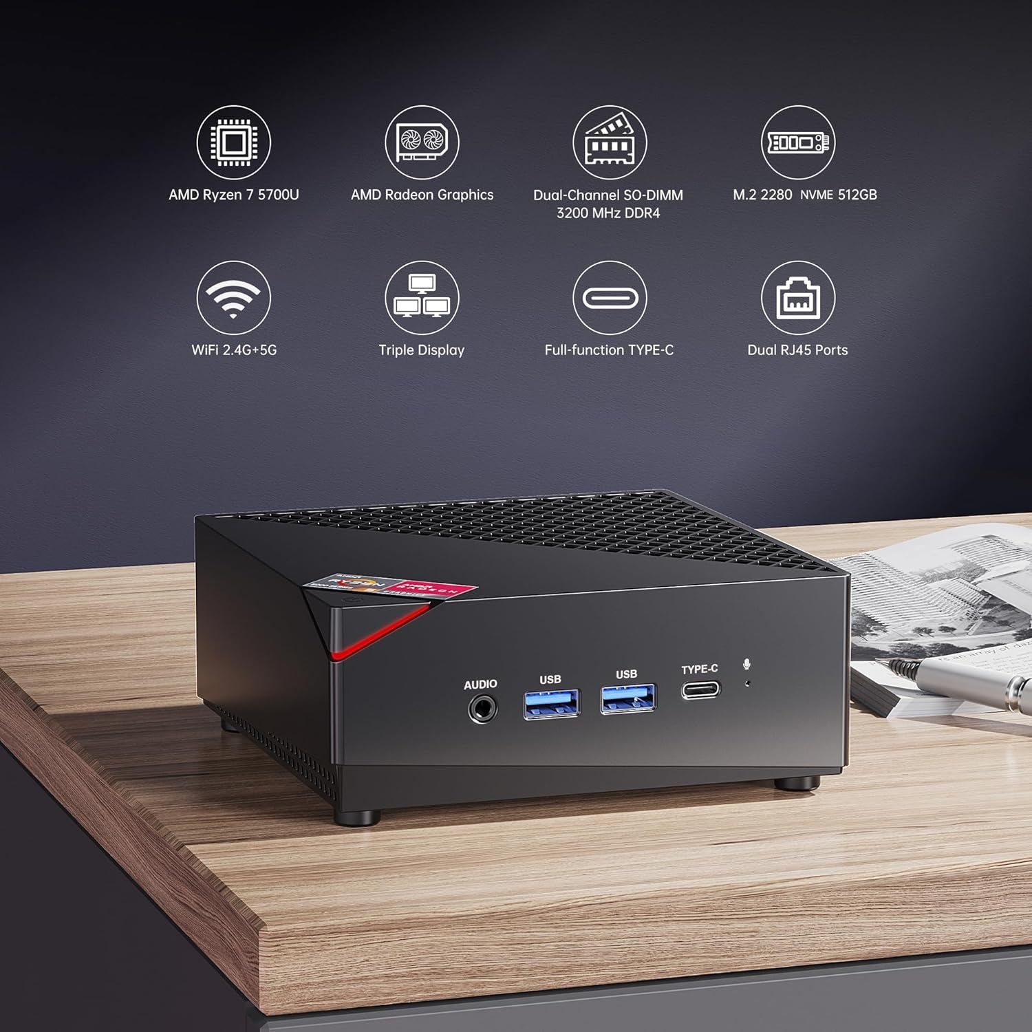ACEMAGICIAN Mini-PC (AMD Ryzen 7 5700U, 16 GB RAM, 512 GB SSD, Mini Computer mit 4K Triple Display Typ-C Dual Ethernet WiFi 6, BT 5.2)