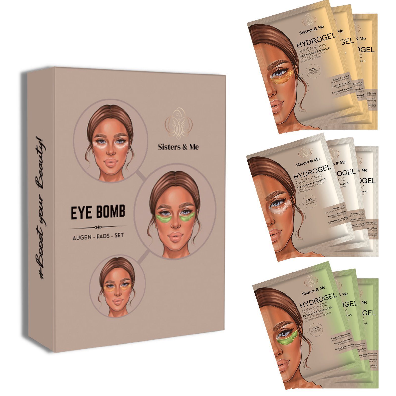 Sisters & Me Augenpads Sisters & Me Eye Bomb Set, Vegan, Hydrogel Augen Pads Set gegen Augenringe & Tränensäcke, Hochdosiert, Hyaluronsäure Serum und Collagen, Premium Anti-Aging Augenpads, 9-tlg.