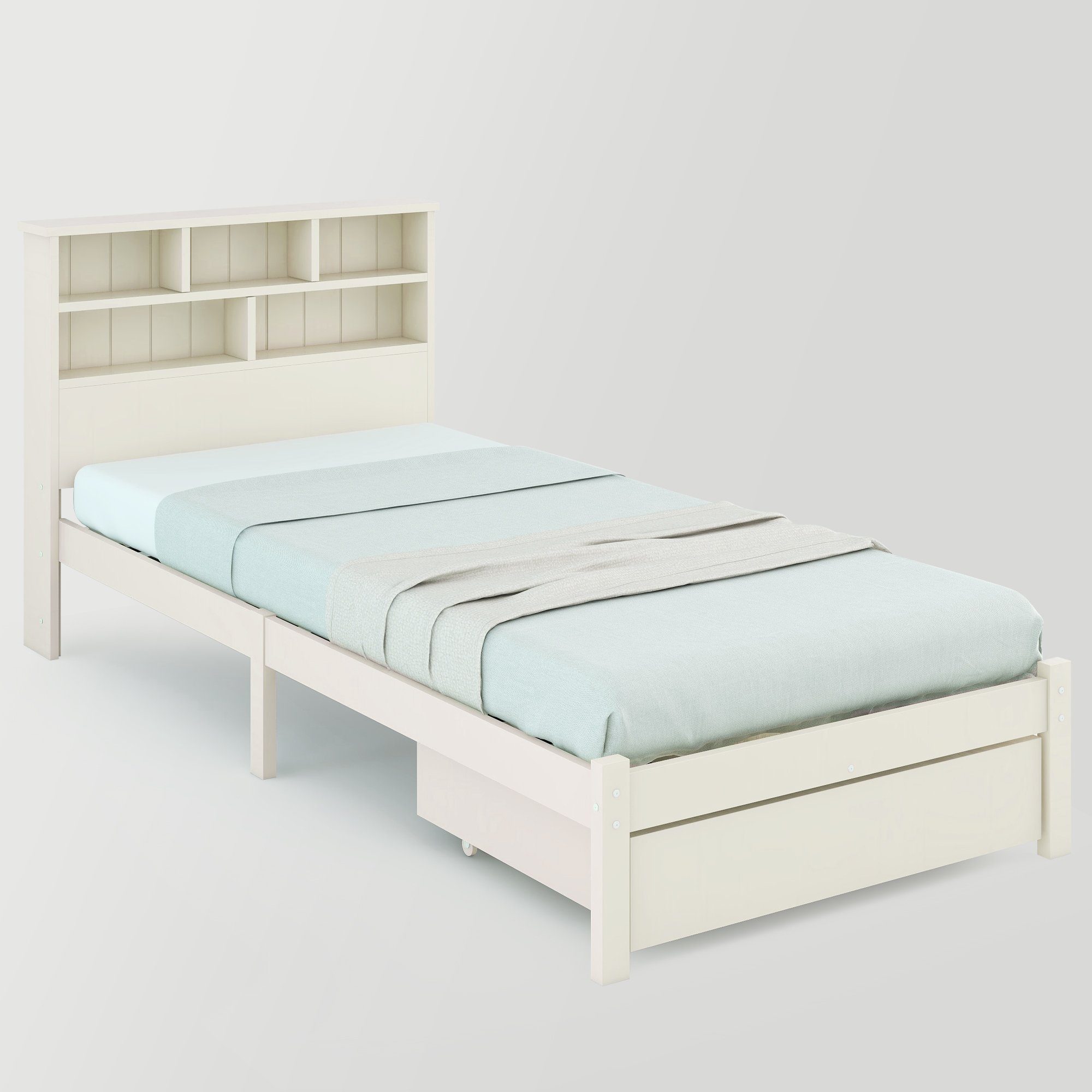HAUSS SPLOE Holzbett Doppelbett Jugendliche und Erwachsene Kinderbett (Einzelbett oder Doppelbett, mit großer Schublade und Bücherregal Kopfteil), aus Massivholz Kiefer, Weiß, ohne Matratze, 90× 200 cm oder 140× 200 cm