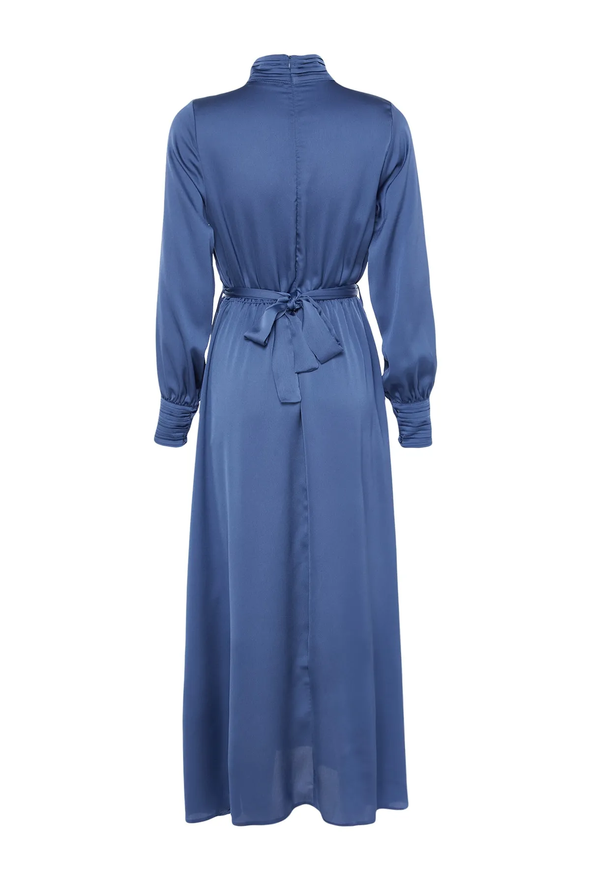 Trendyol Modest  Dunkelblaues gewebtes Abendkleid mit drapiertem Kragen und Manschetten, Gürtel TCTSS22EB0142
