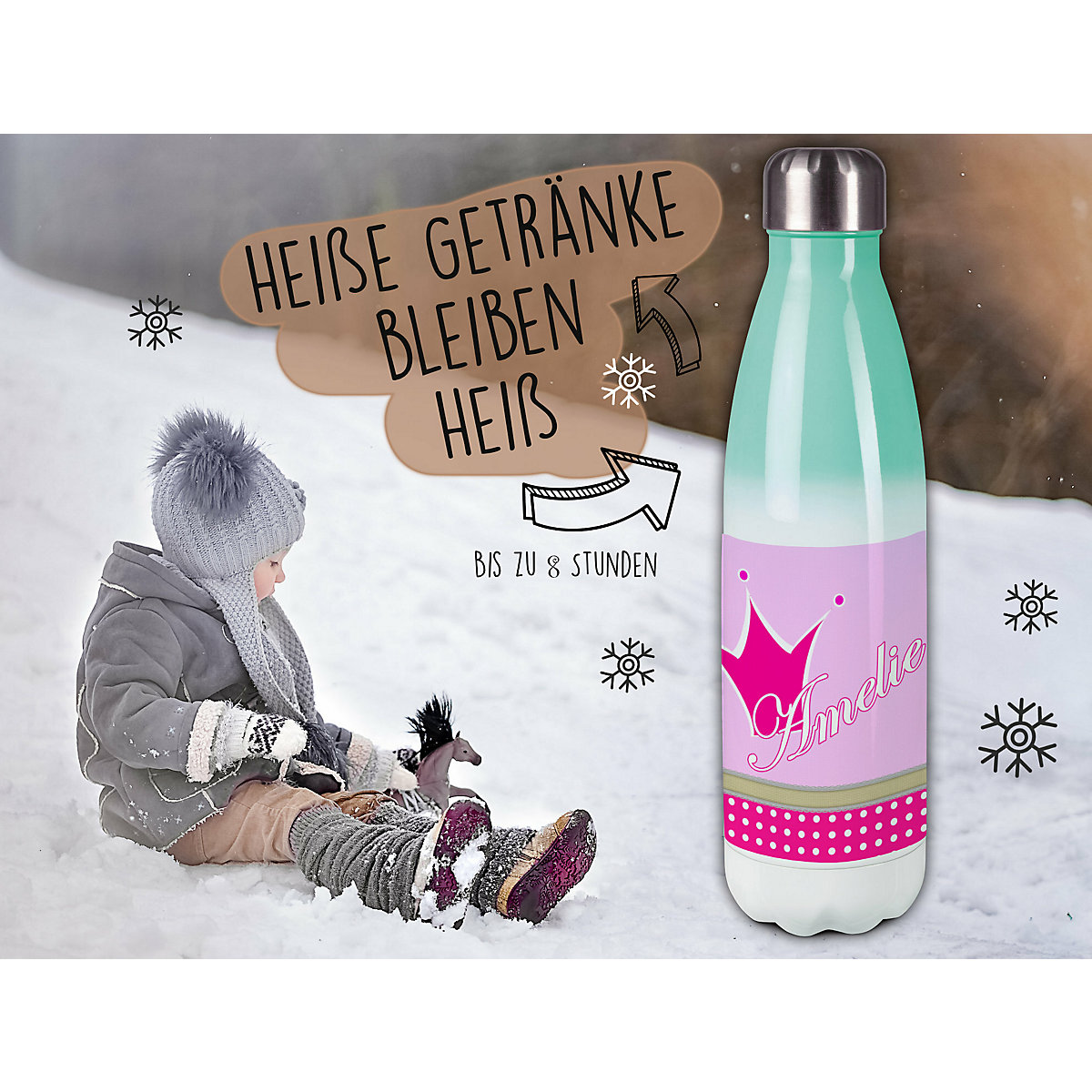 Edelstahl Kinder Thermoflasche / Trinkflasche bunt Krone Farbe pink Spülmaschinenfest, Auslaufsicher, Bruchfest, Doppelwandig, Für Heißgetränke geeignet, Mit Deckel, Isoliert