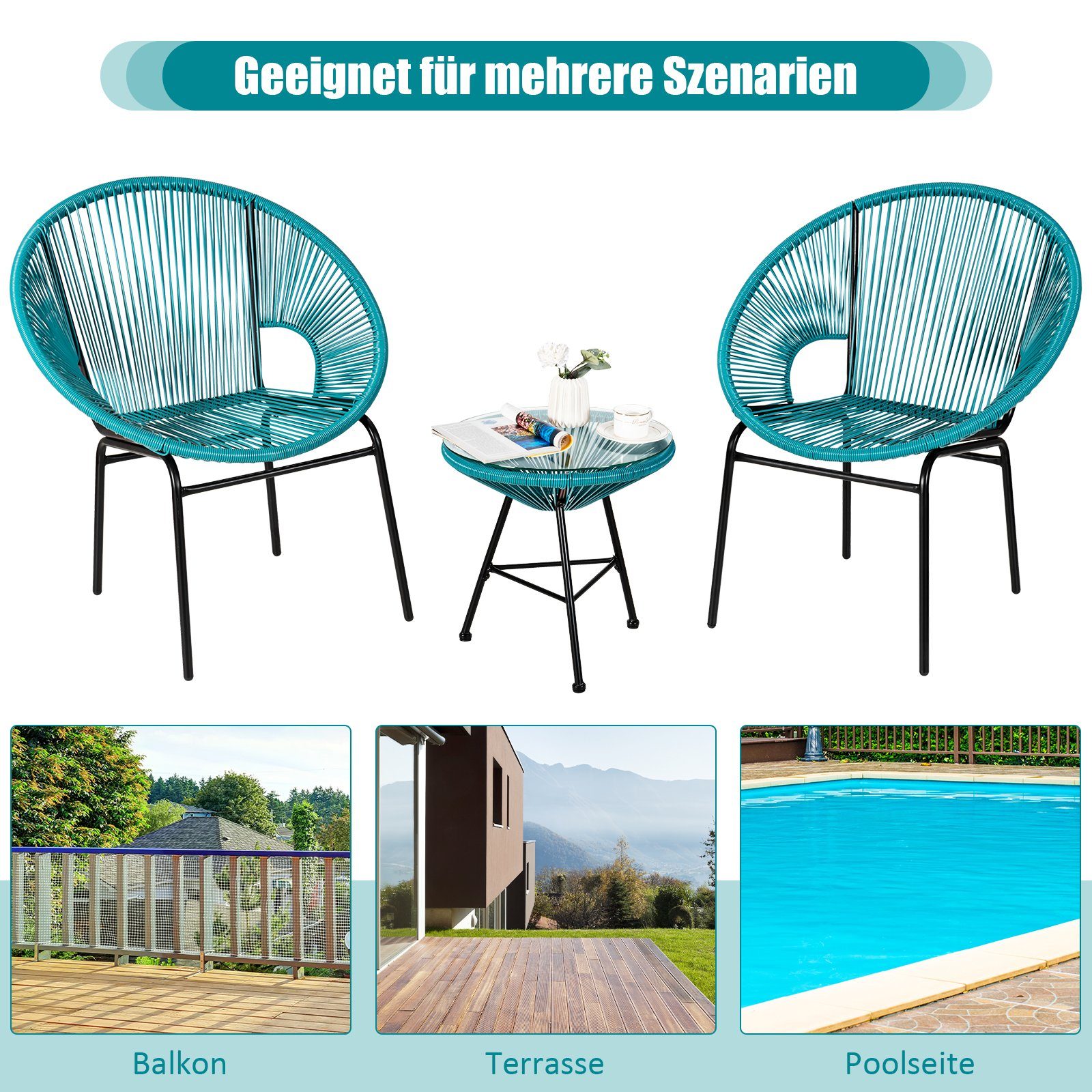 COSTWAY Balkonset, (3-tlg), mit Glastisch & 2 Stühlen, Rattan