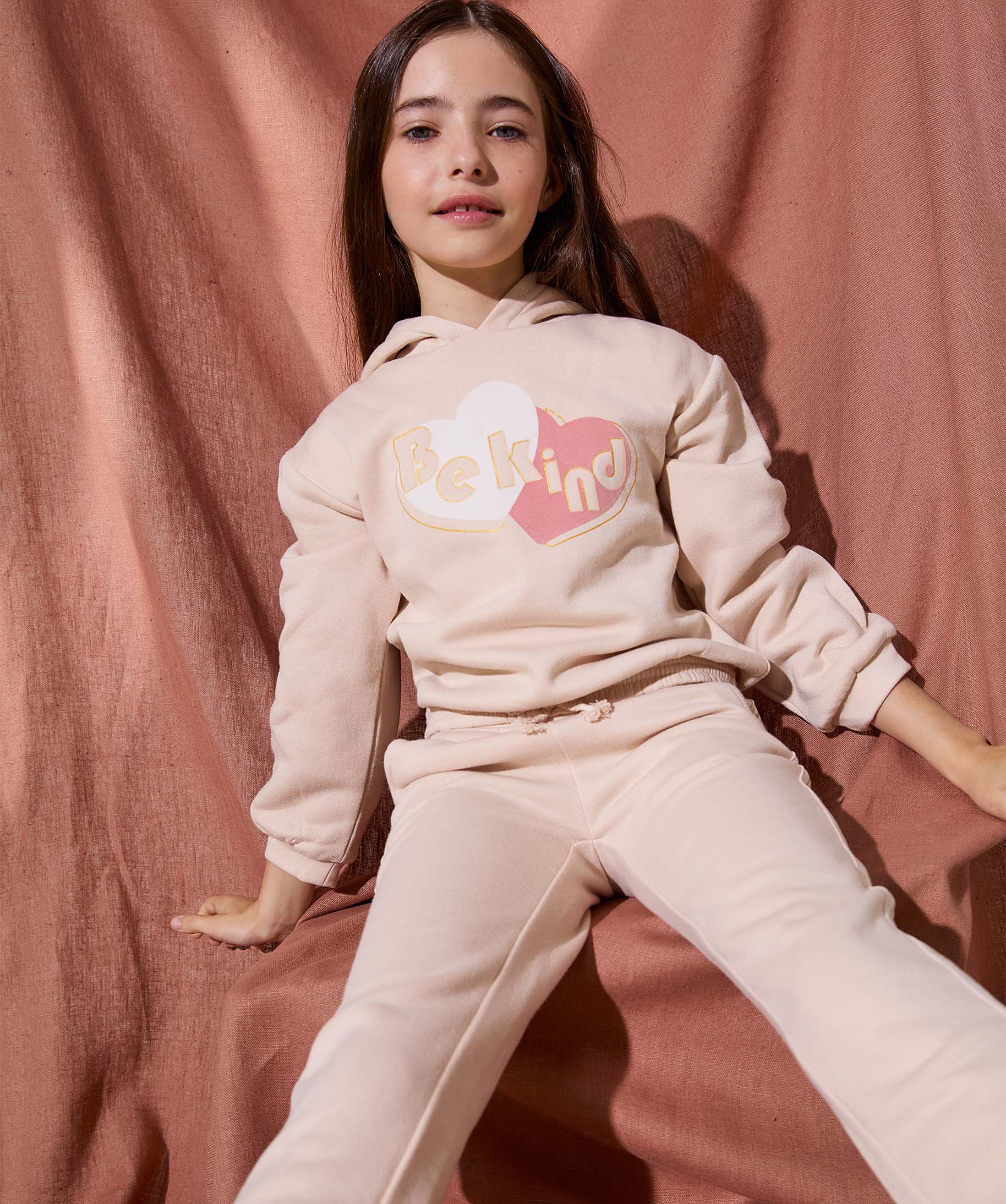 Sweat fille à capuche avec bas resserré beige | GEMO