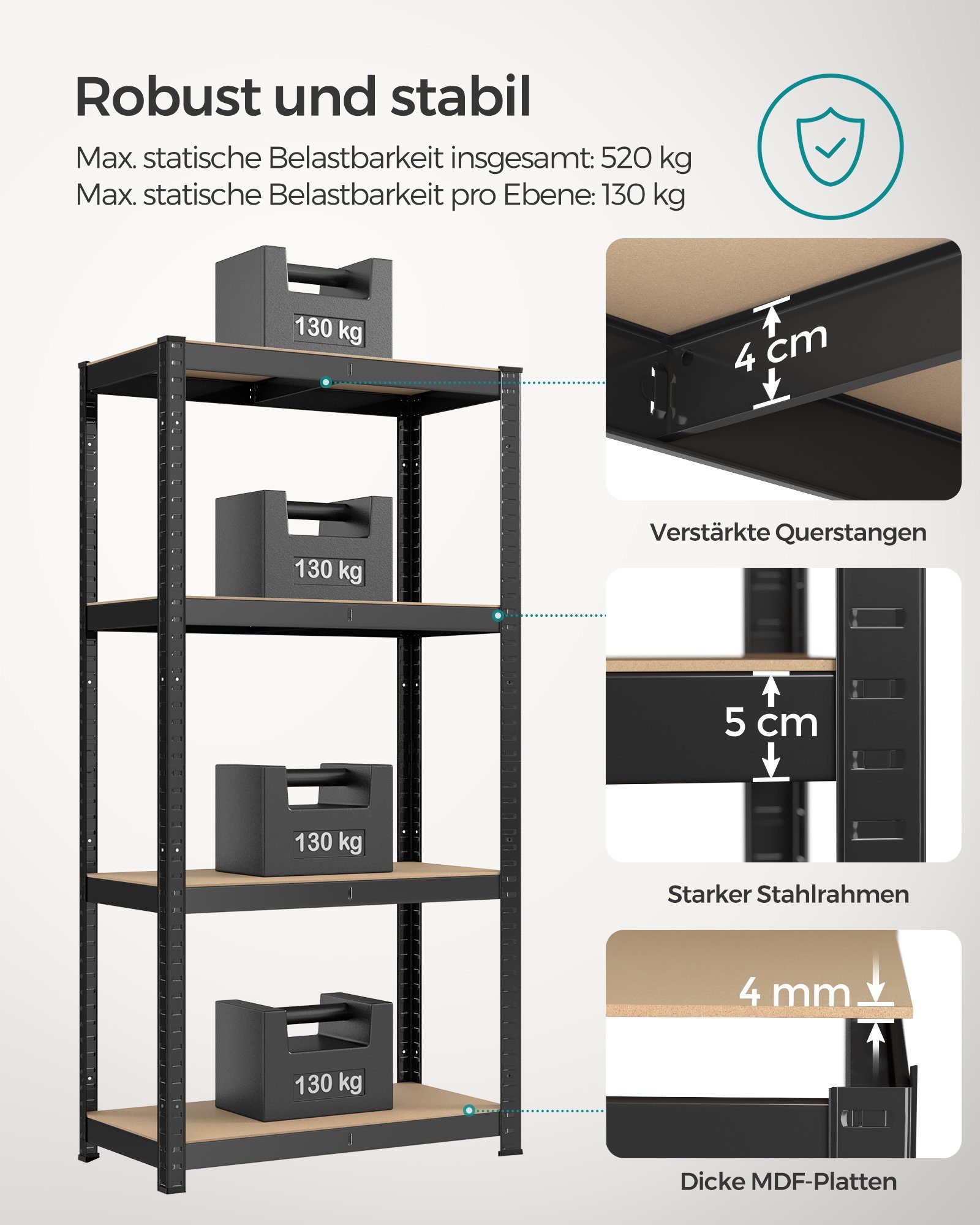 SONGMICS Schwerlastregal Lagerregal, 1-tlg., 4 Ebene, bis 520 kg belastbar