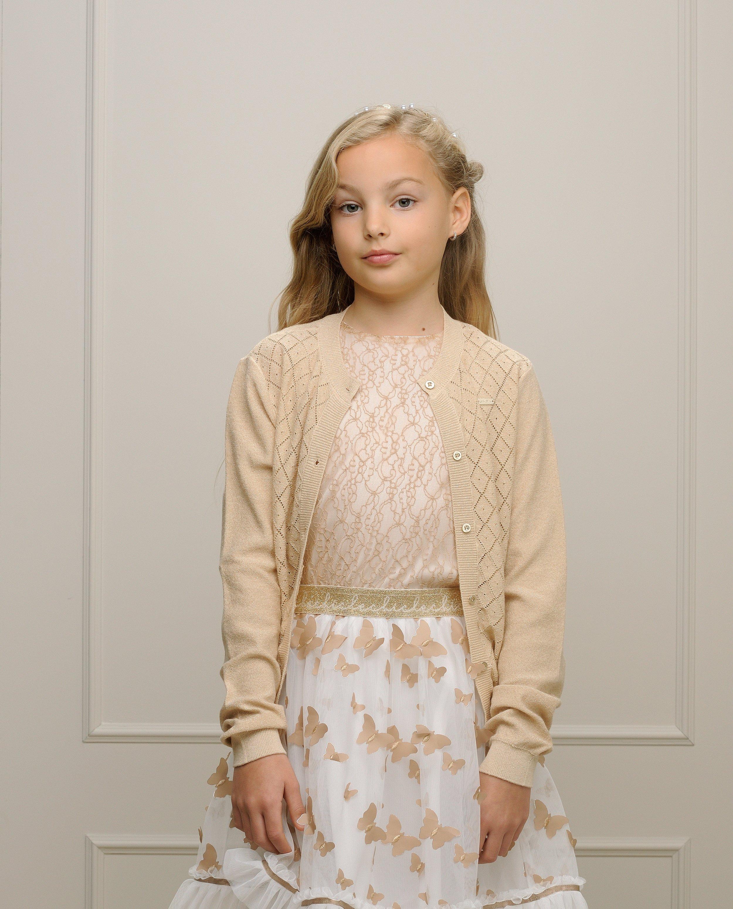 Cardigan Le Chic cu broderie ajurata, bej deschis festiv