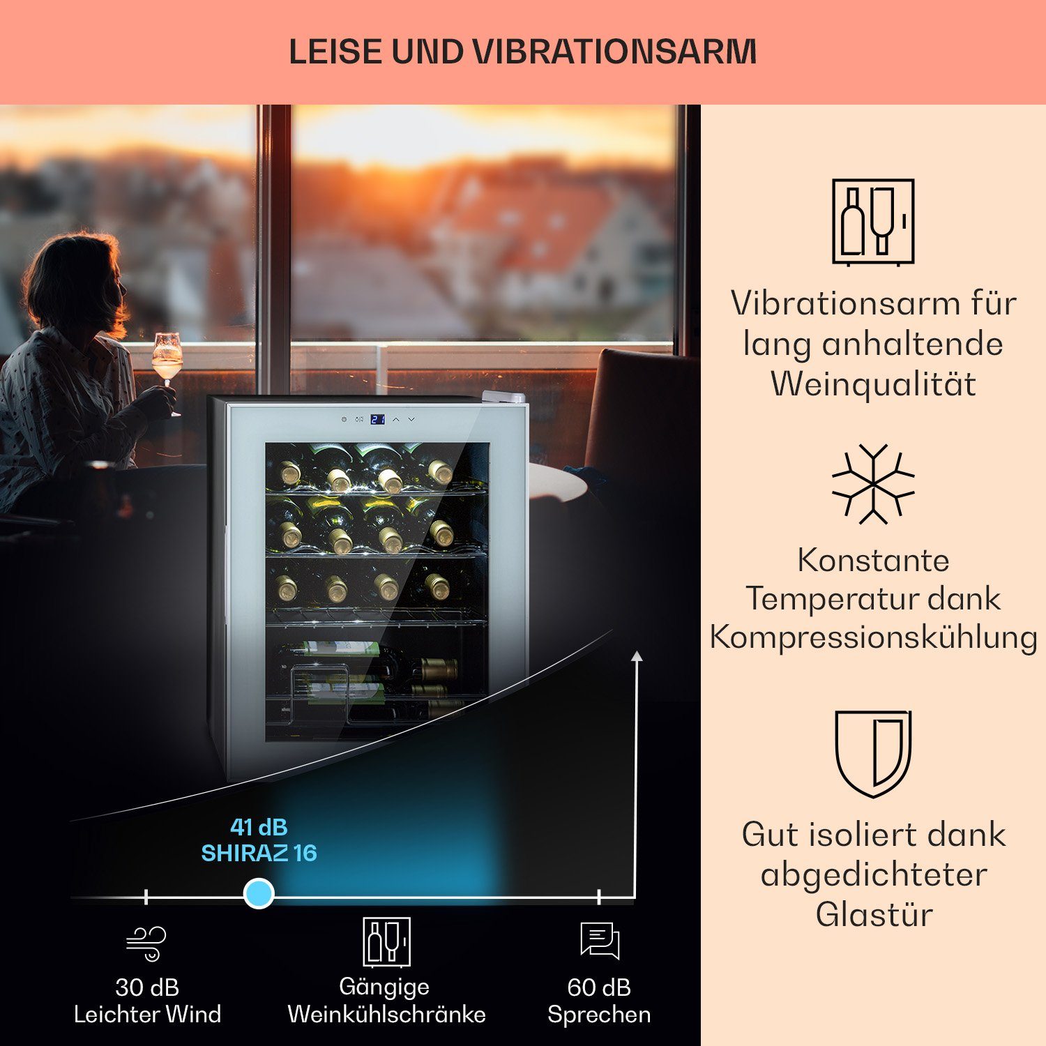 Klarstein Weinkühlschrank Shiraz 16 Quartz, für 16 Standardflaschen á 0,75l,Wein Flaschenkühlschrank Weintemperierschrank Weinschrank Kühlschrank