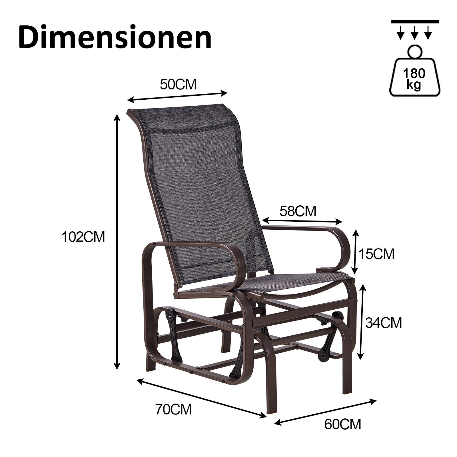 KAHOO Schaukelstuhl Sonnenliege mit Arm- & Rücklehne, 1-Sitz, bis 180kg, Metall