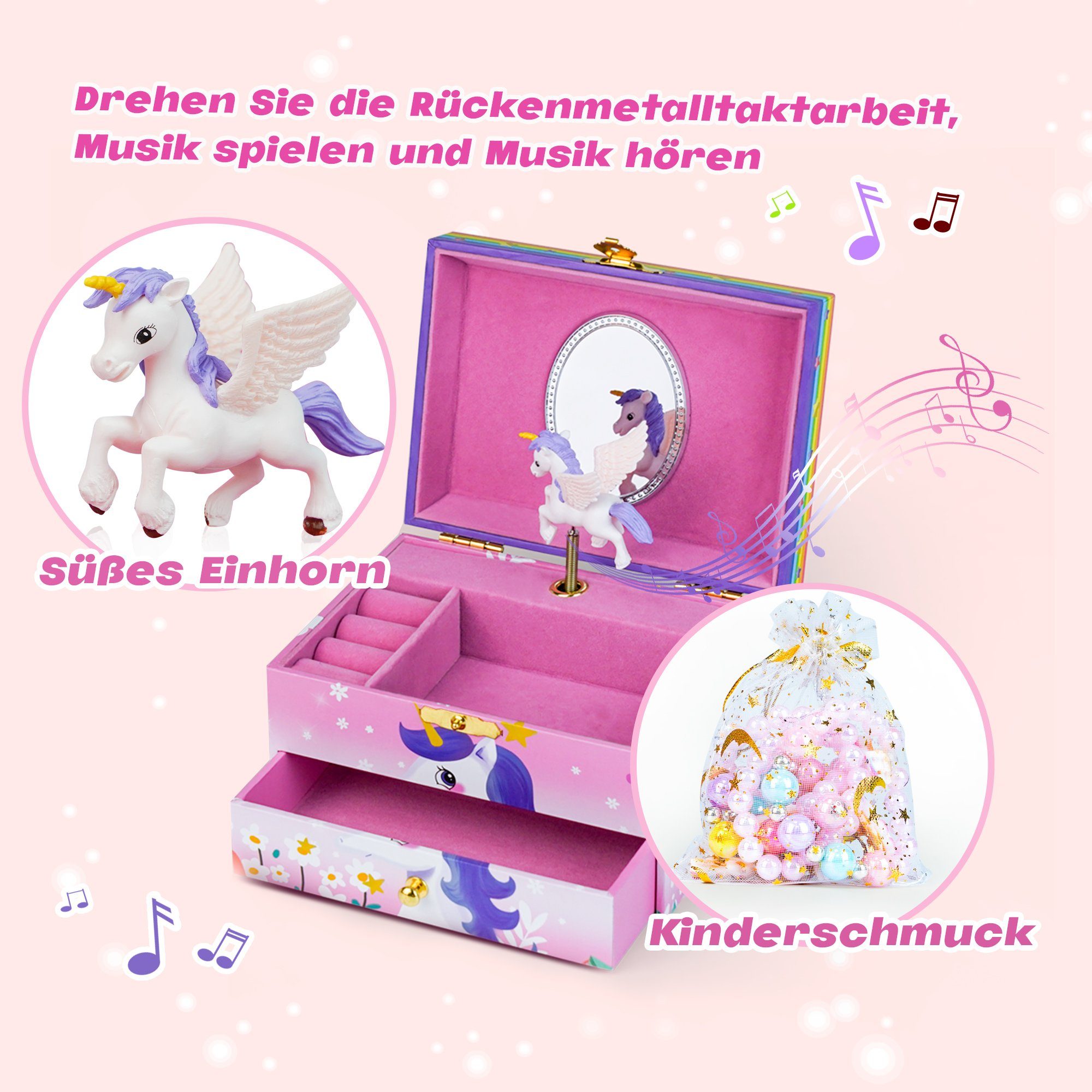 AdelDream Schmuckkasten Musik-Aufbewahrungsbox mit Einhorn Engelsflügeln