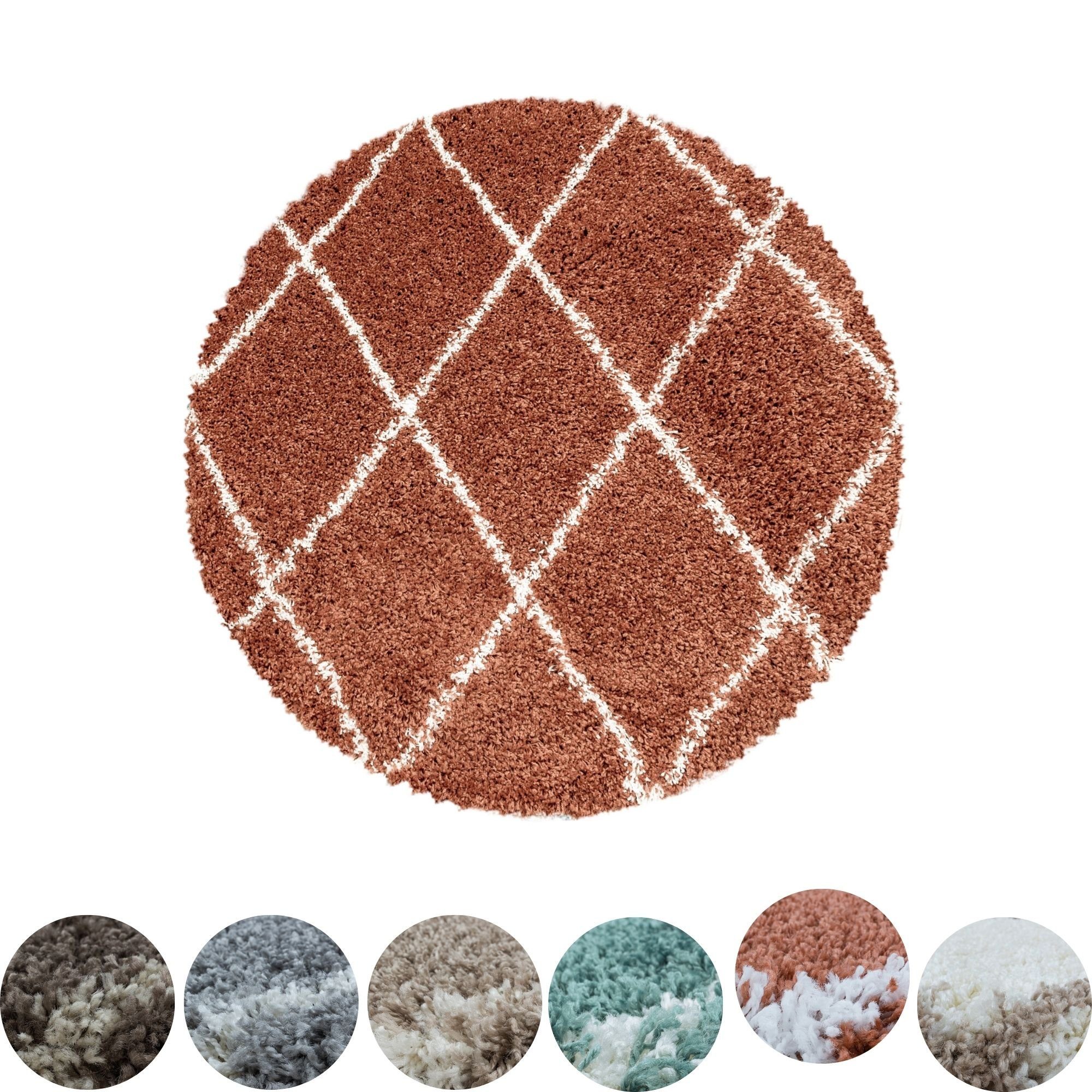 Teppich Rauten Design, HomebyHome, Rund, Höhe: 30 mm, Runder Teppich Wohnzimmer Geometrisch Design Shaggy Langflor