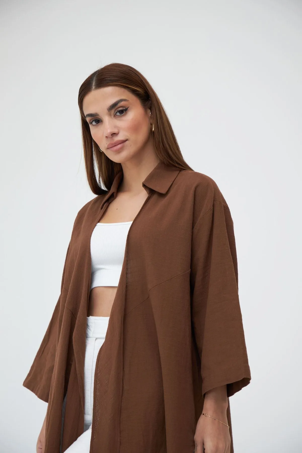 Laluvia  Coffee Flam Leinen-Kimono-Shirt