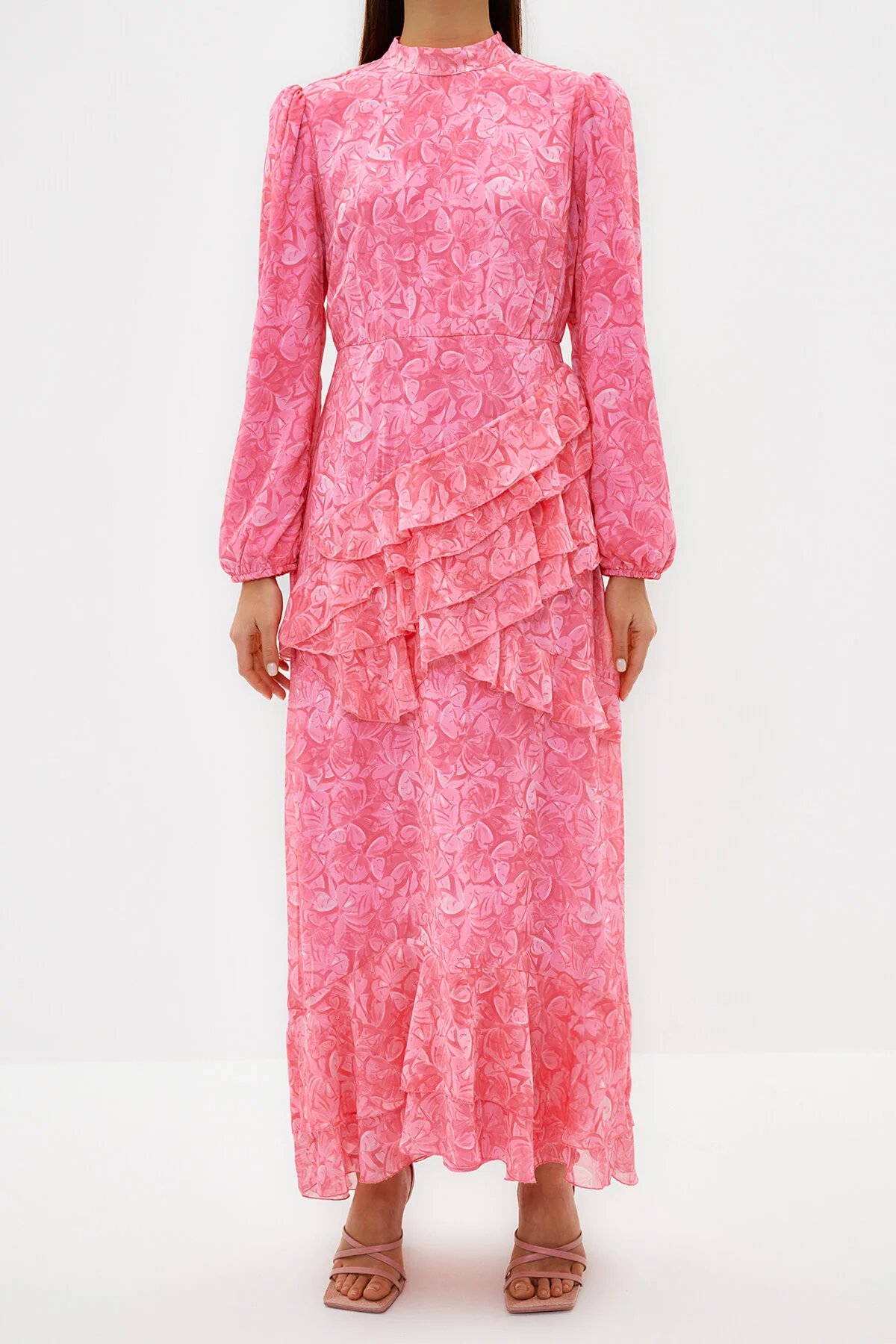 Trendyol Modest  Rosa Blumenrock, gerüschtes, gefüttertes Kleid aus gewebtem Chiffon TCTSS23EB00160
