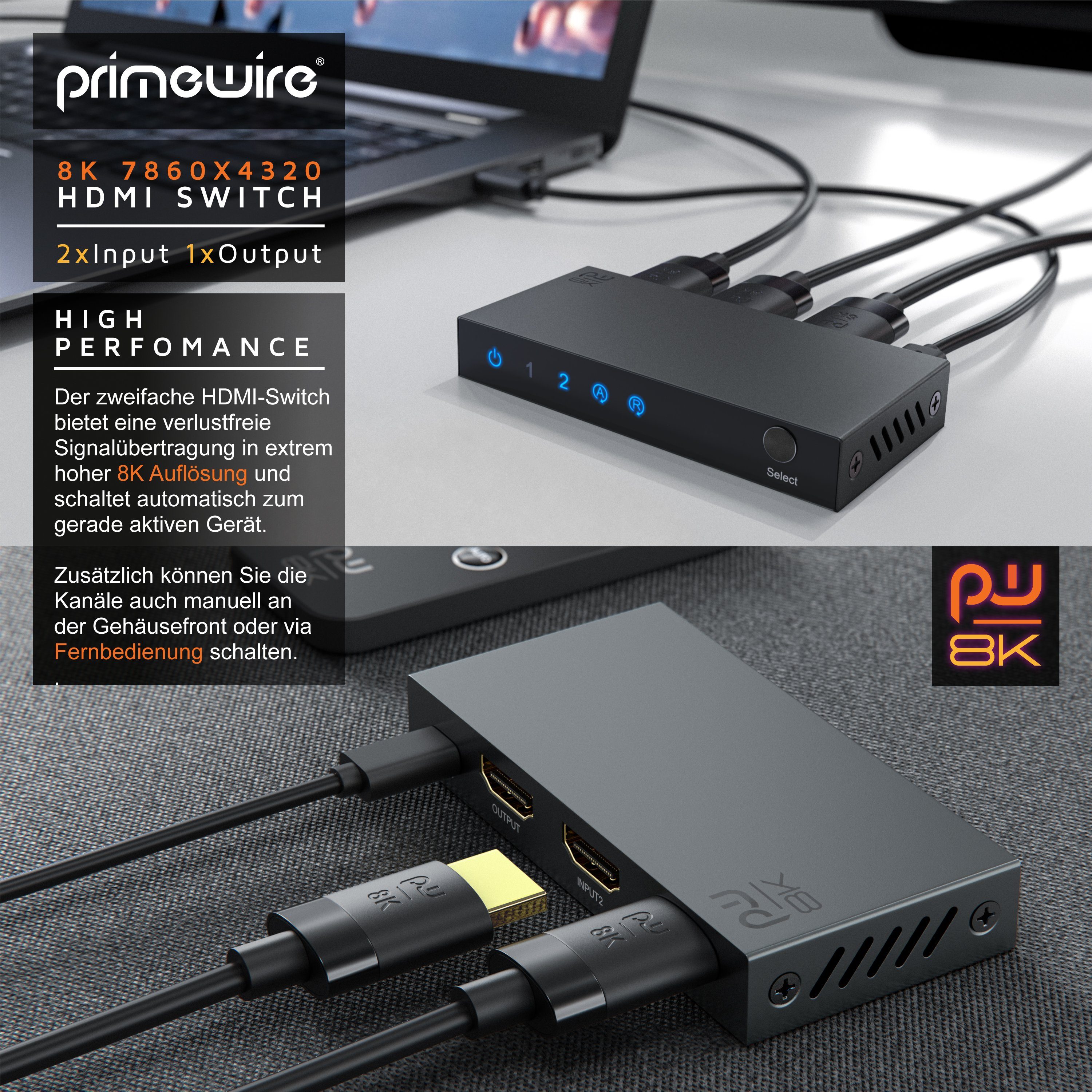 Primewire Audio / Video Matrix-Switch, 2-Port HDMI Splitter, 8K HDMI Switch 2 in 1 Out UHD, mit Fernbedienung