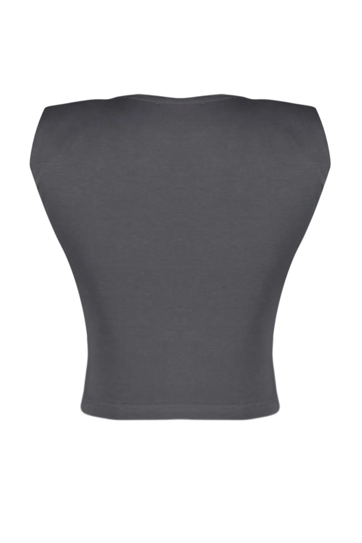 Trendyol Collection  Anthrazitfarbene, wattierte, eng anliegende, kurze, dehnbare Strickbluse mit Rundhalsausschnitt TWOSS23BZ00251