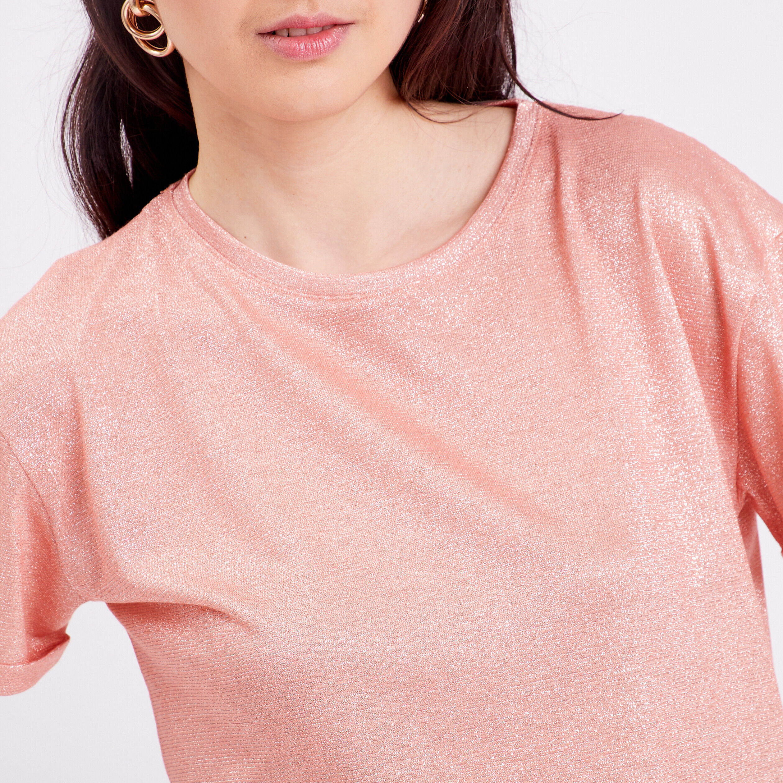 T-shirt fluide fils métallisés rose saumon femme | Cache Cache